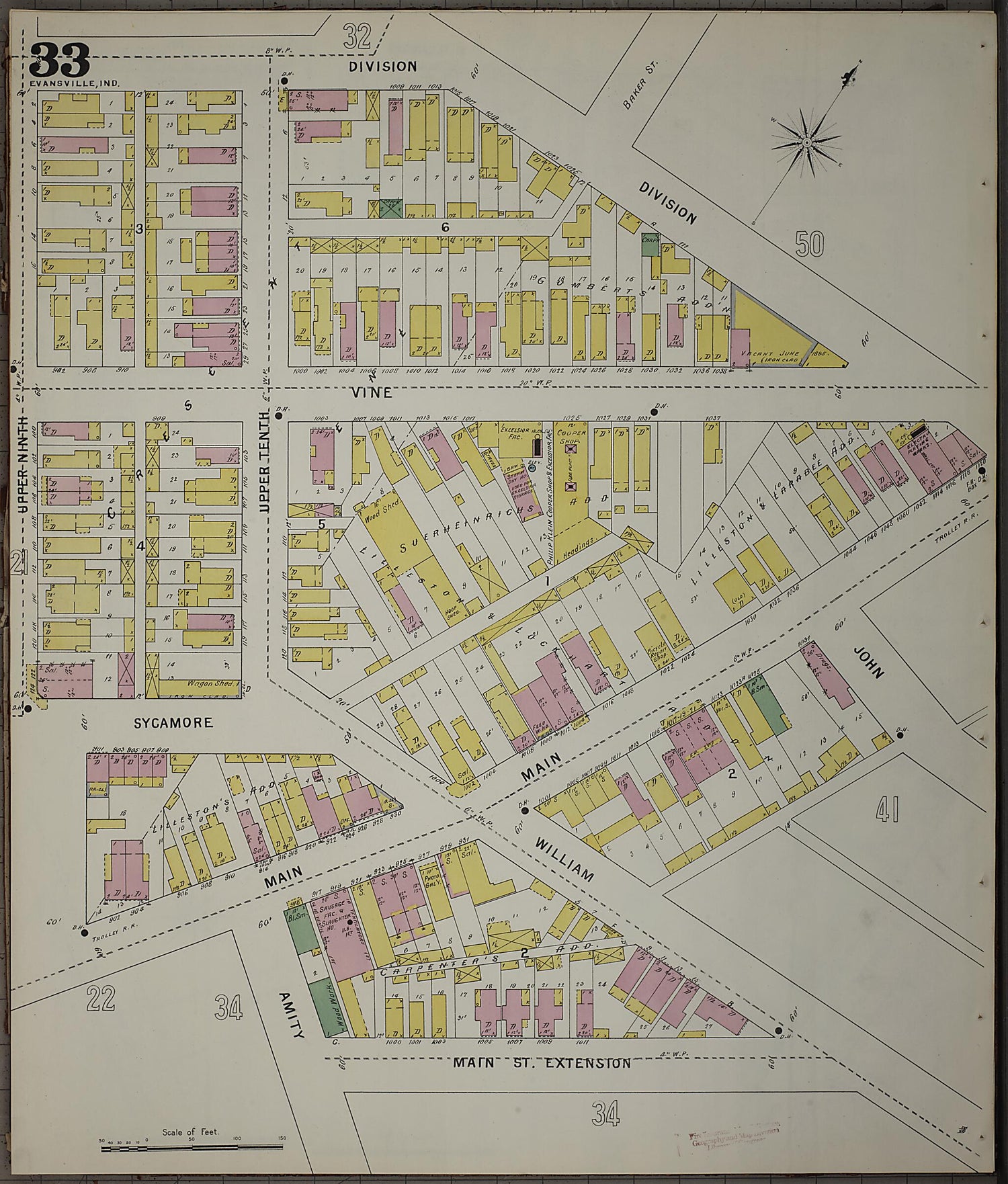 This old map of Evansville, Vanderburgh County, Indiana was created by Sanborn Map Company in 1895