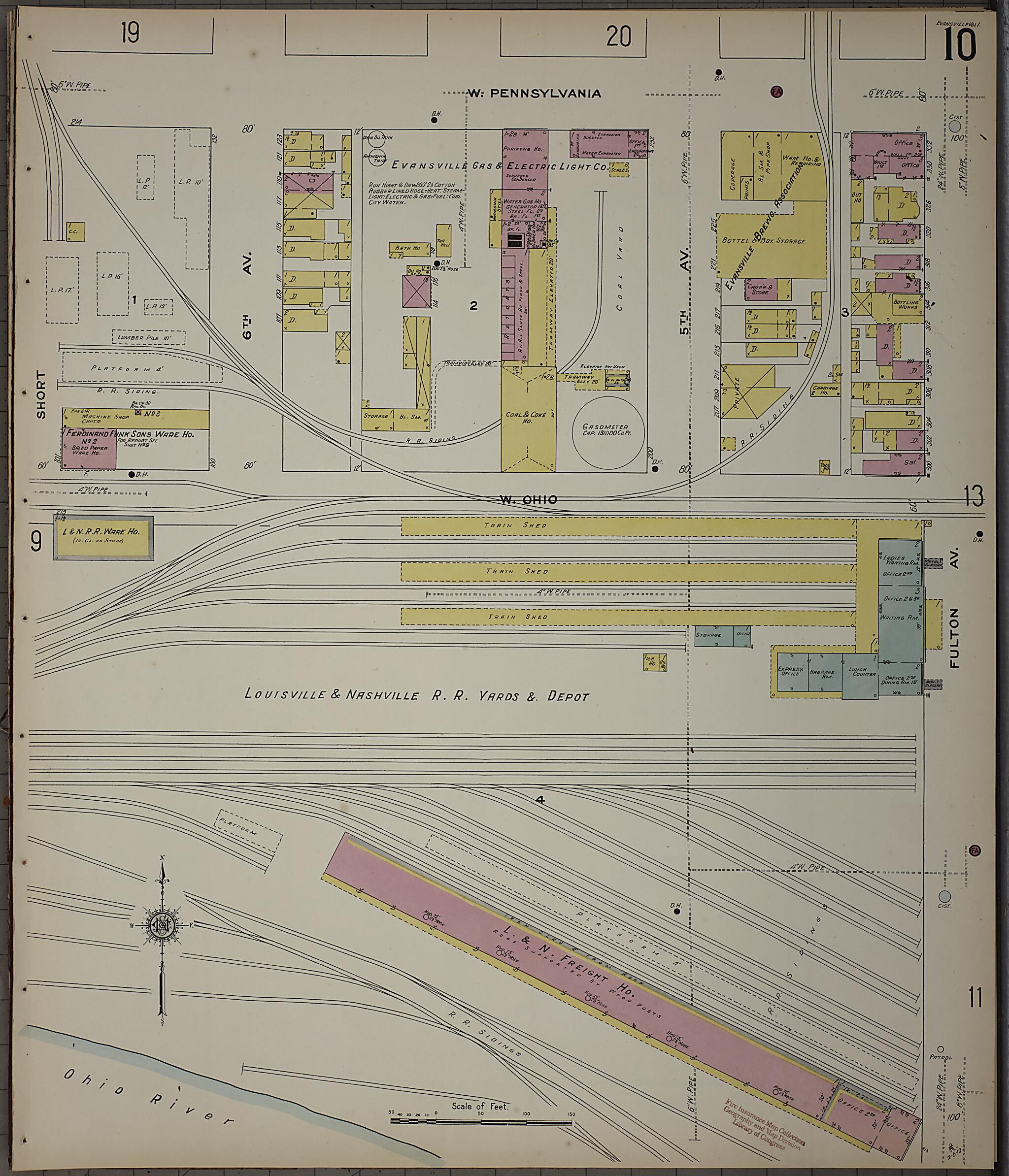 This old map of Evansville, Vanderburgh County, Indiana was created by Sanborn Map Company in 1910