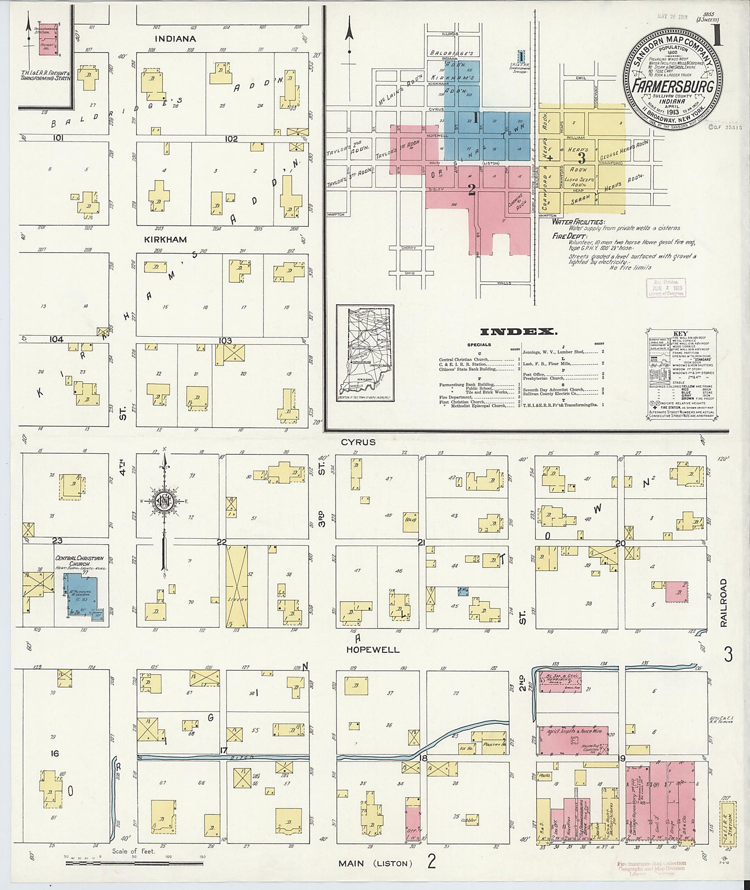 This old map of Farmersburg, Sullivan County, Indiana was created by Sanborn Map Company in 1913