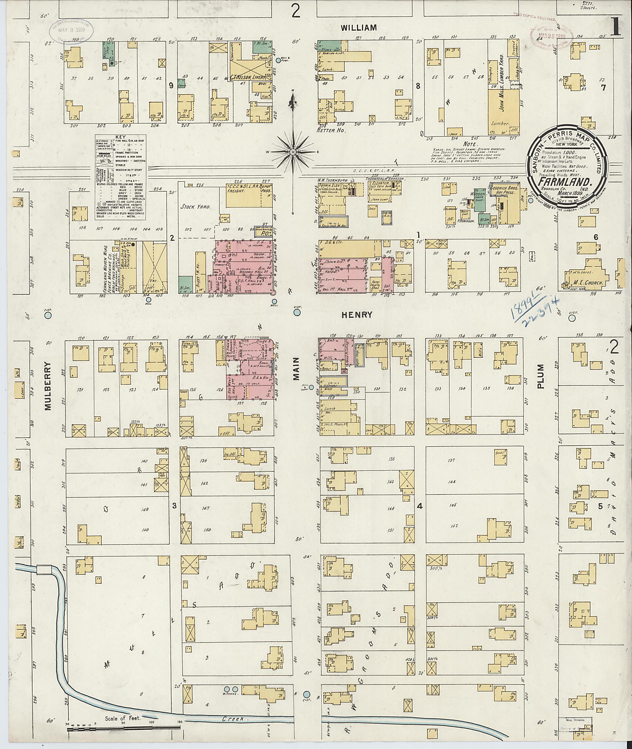 This old map of Farmland, Randolph County, Indiana was created by Sanborn Map Company in 1899