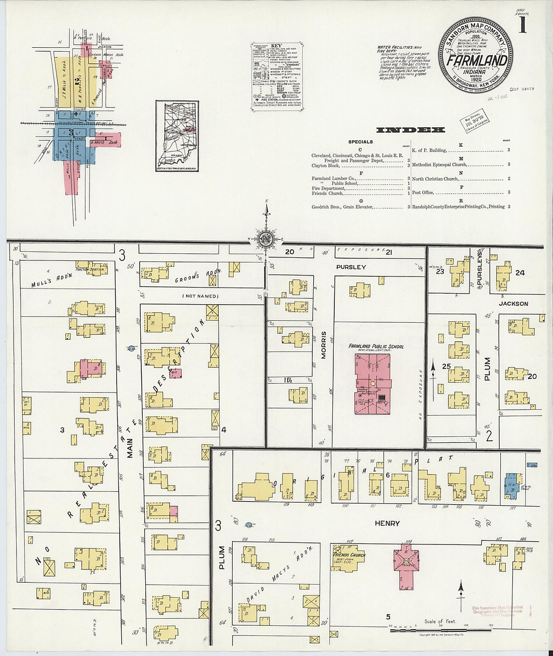 This old map of Farmland, Randolph County, Indiana was created by Sanborn Map Company in 1920