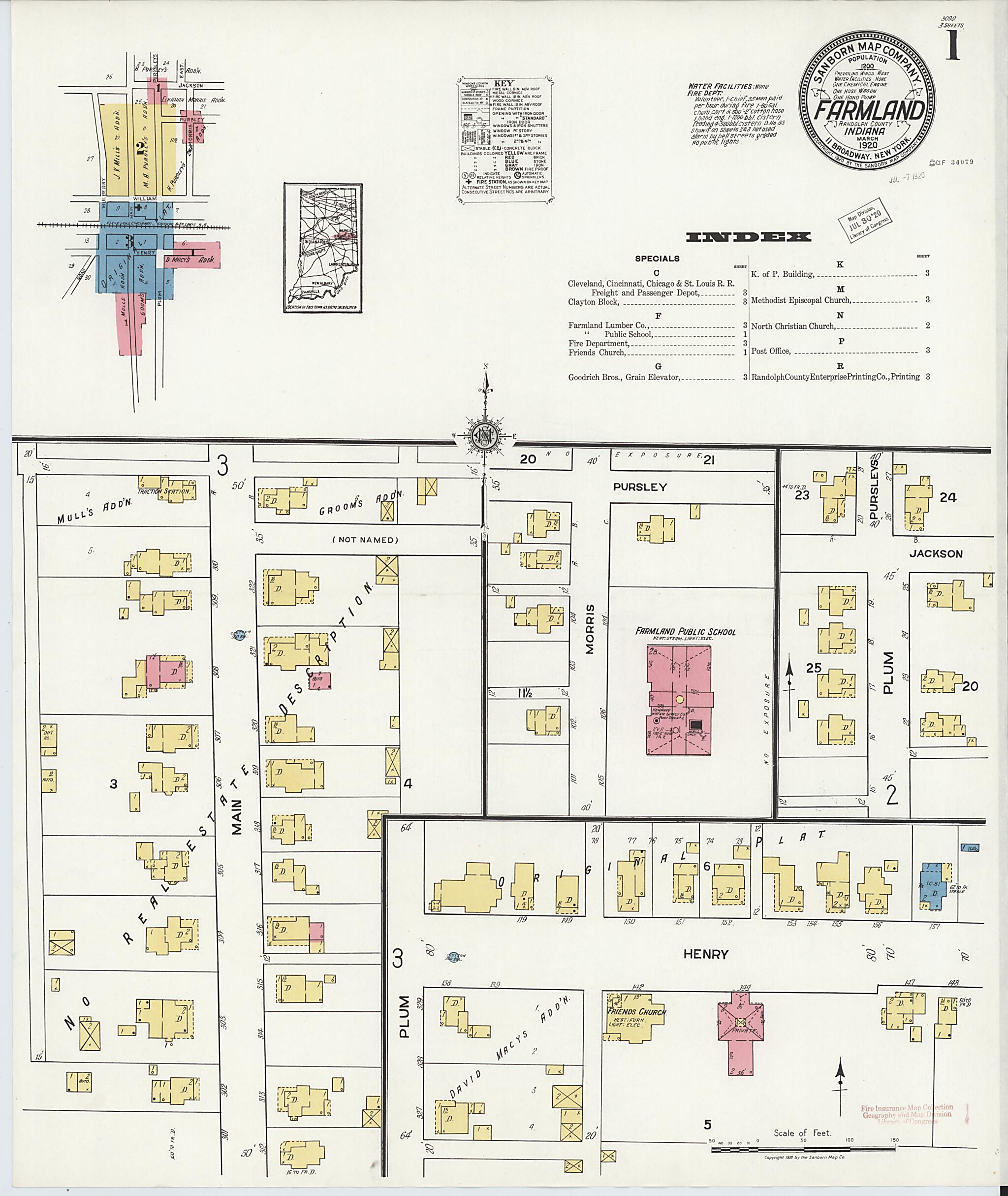 This old map of Farmland, Randolph County, Indiana was created by Sanborn Map Company in 1920