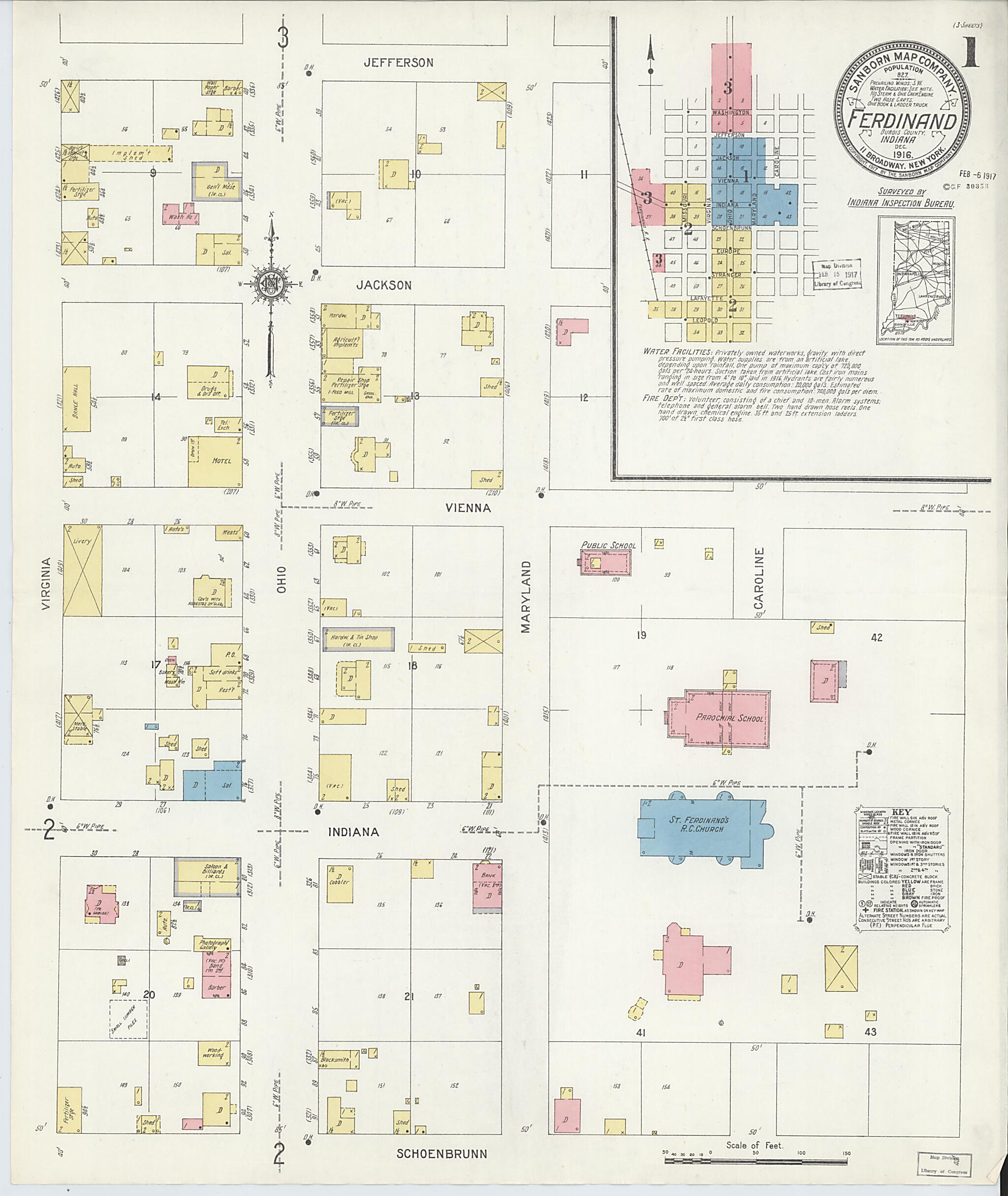 This old map of Ferdinand, Dubois County, Indiana was created by Sanborn Map Company in 1916