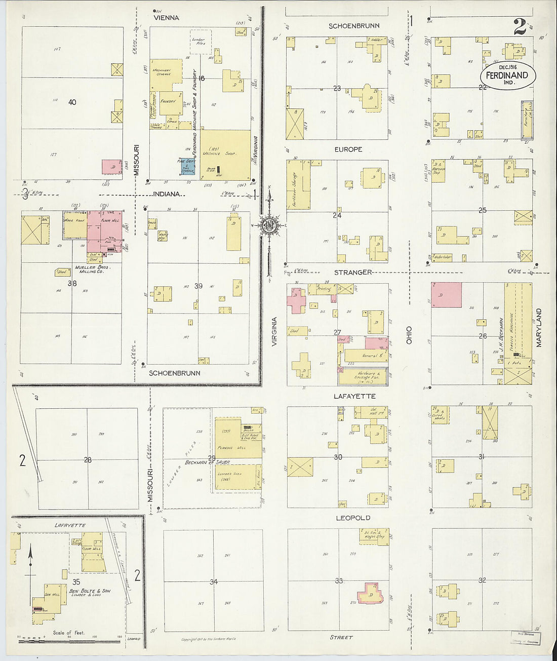 This old map of Ferdinand, Dubois County, Indiana was created by Sanborn Map Company in 1916