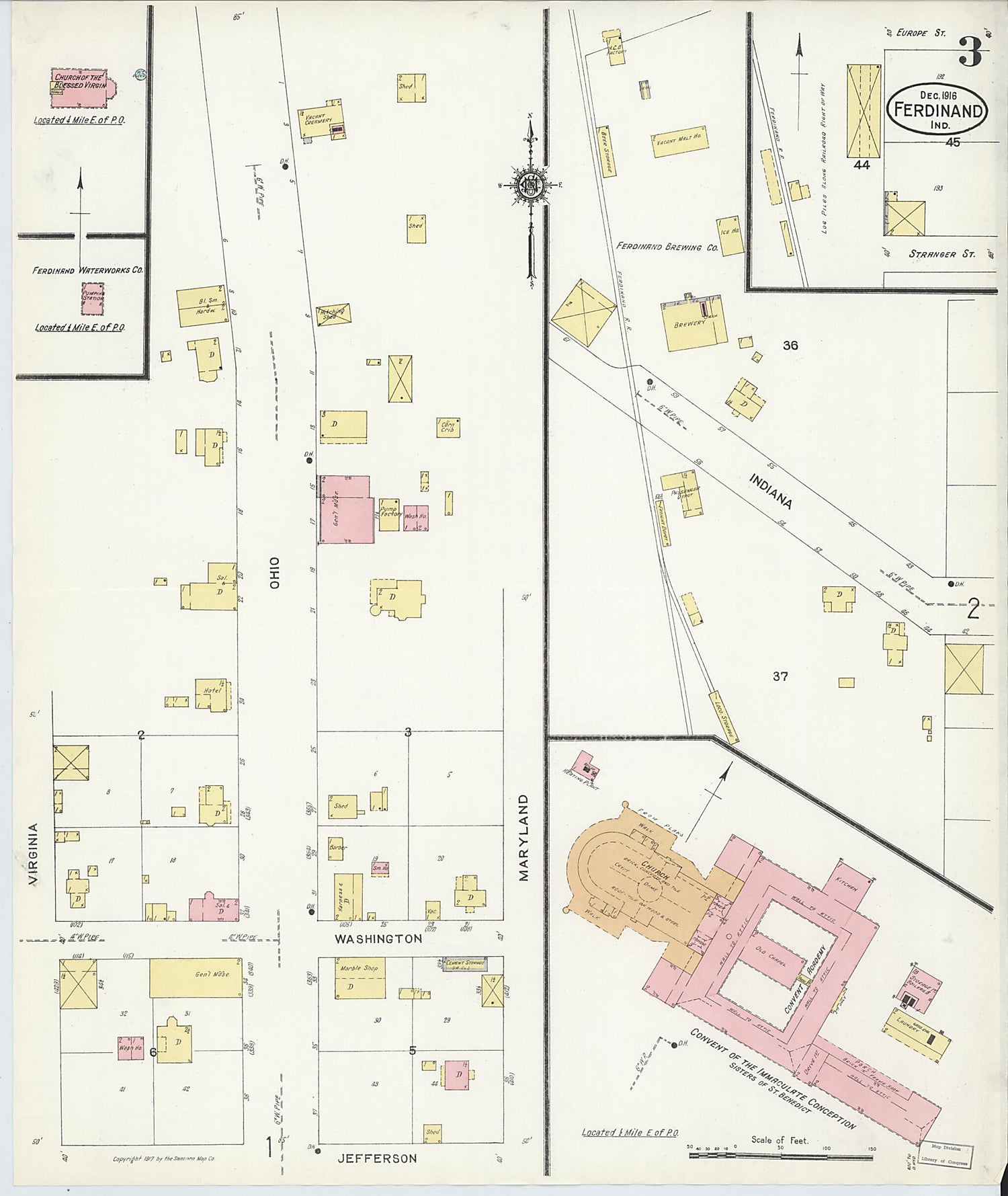 This old map of Ferdinand, Dubois County, Indiana was created by Sanborn Map Company in 1916