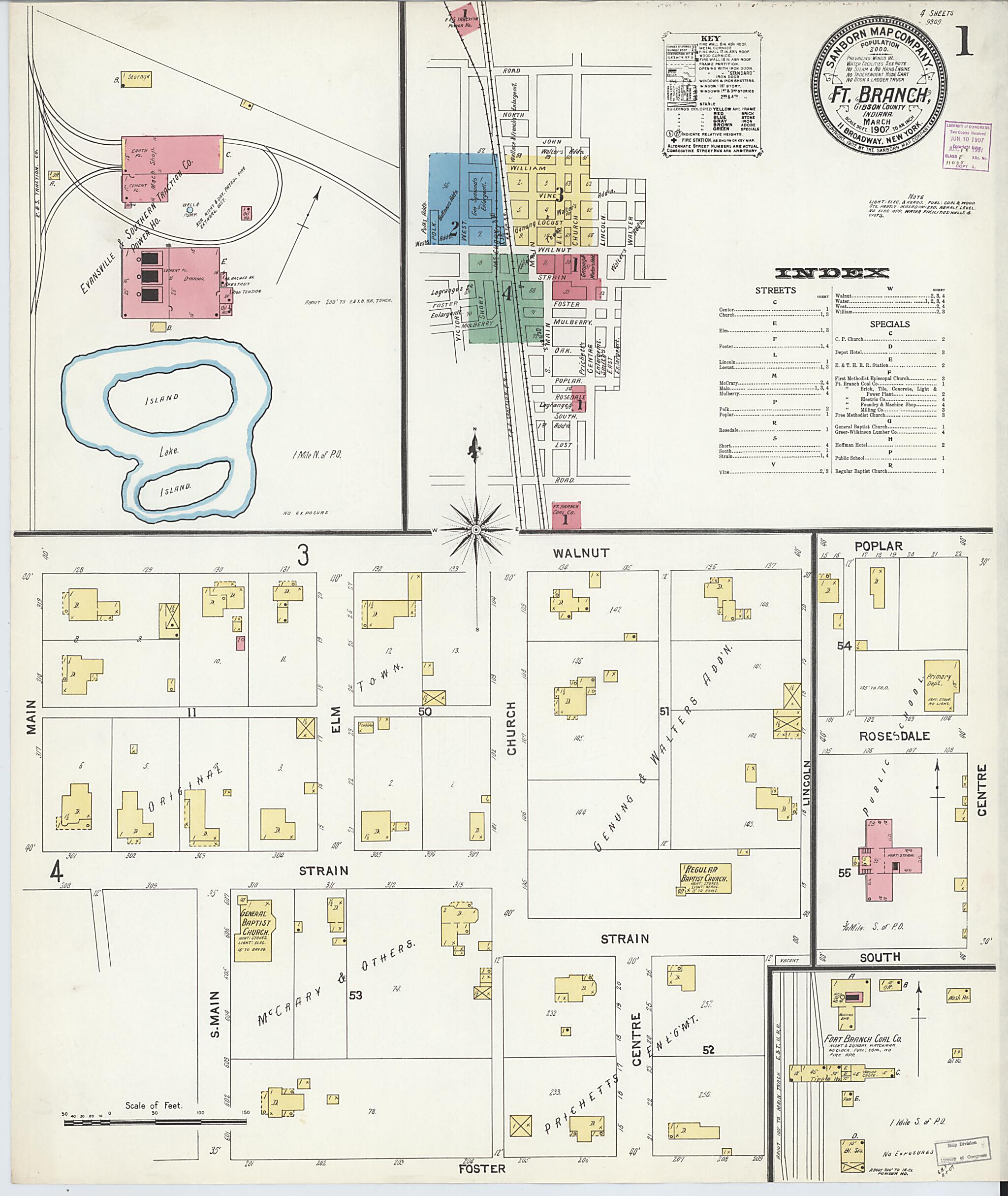 This old map of Fort Branch, Gibson County, Indiana was created by Sanborn Map Company in 1907