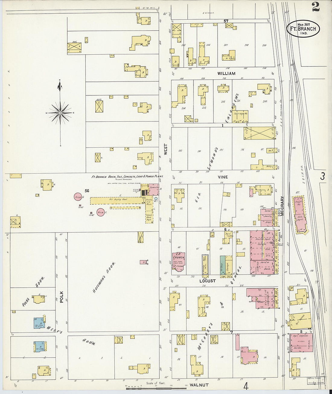 This old map of Fort Branch, Gibson County, Indiana was created by Sanborn Map Company in 1907