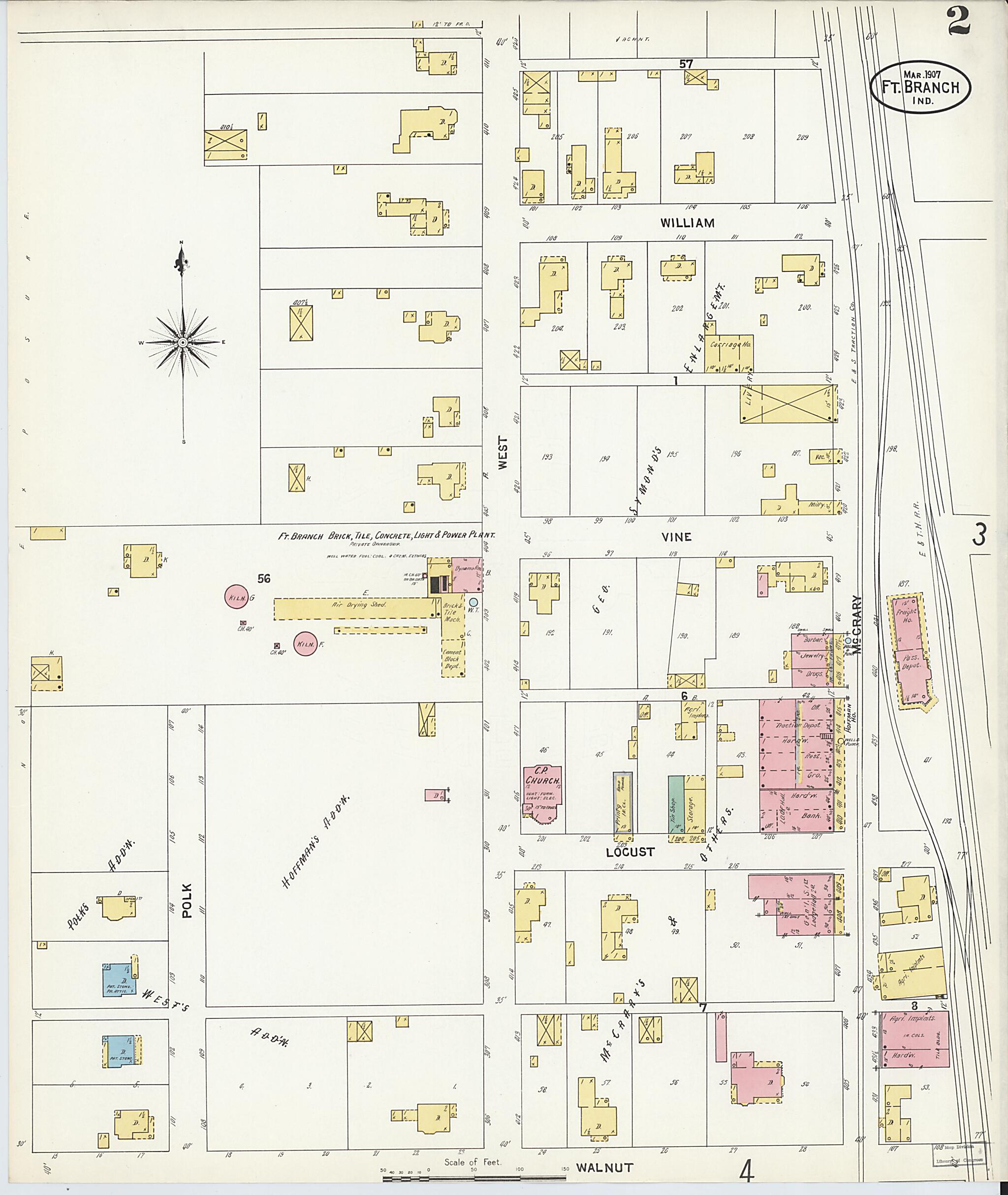 This old map of Fort Branch, Gibson County, Indiana was created by Sanborn Map Company in 1907