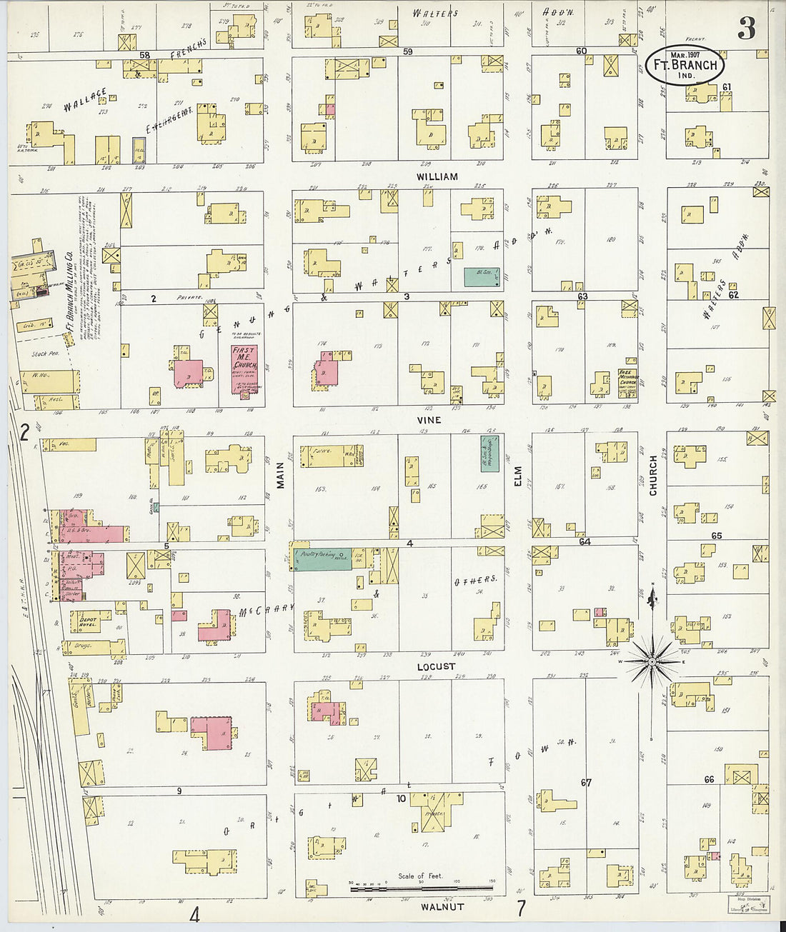 This old map of Fort Branch, Gibson County, Indiana was created by Sanborn Map Company in 1907