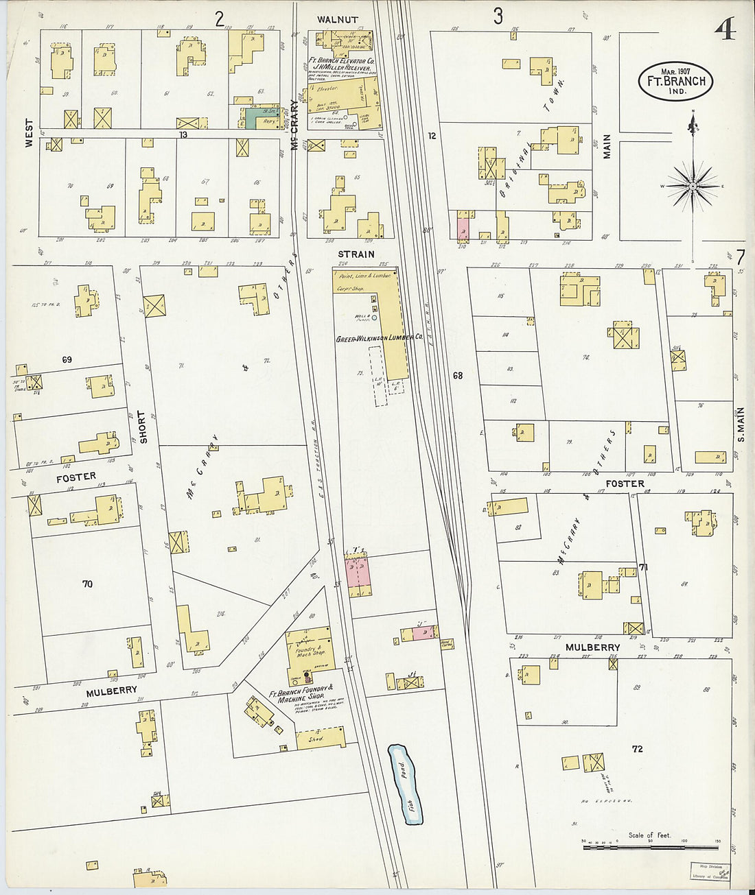 This old map of Fort Branch, Gibson County, Indiana was created by Sanborn Map Company in 1907