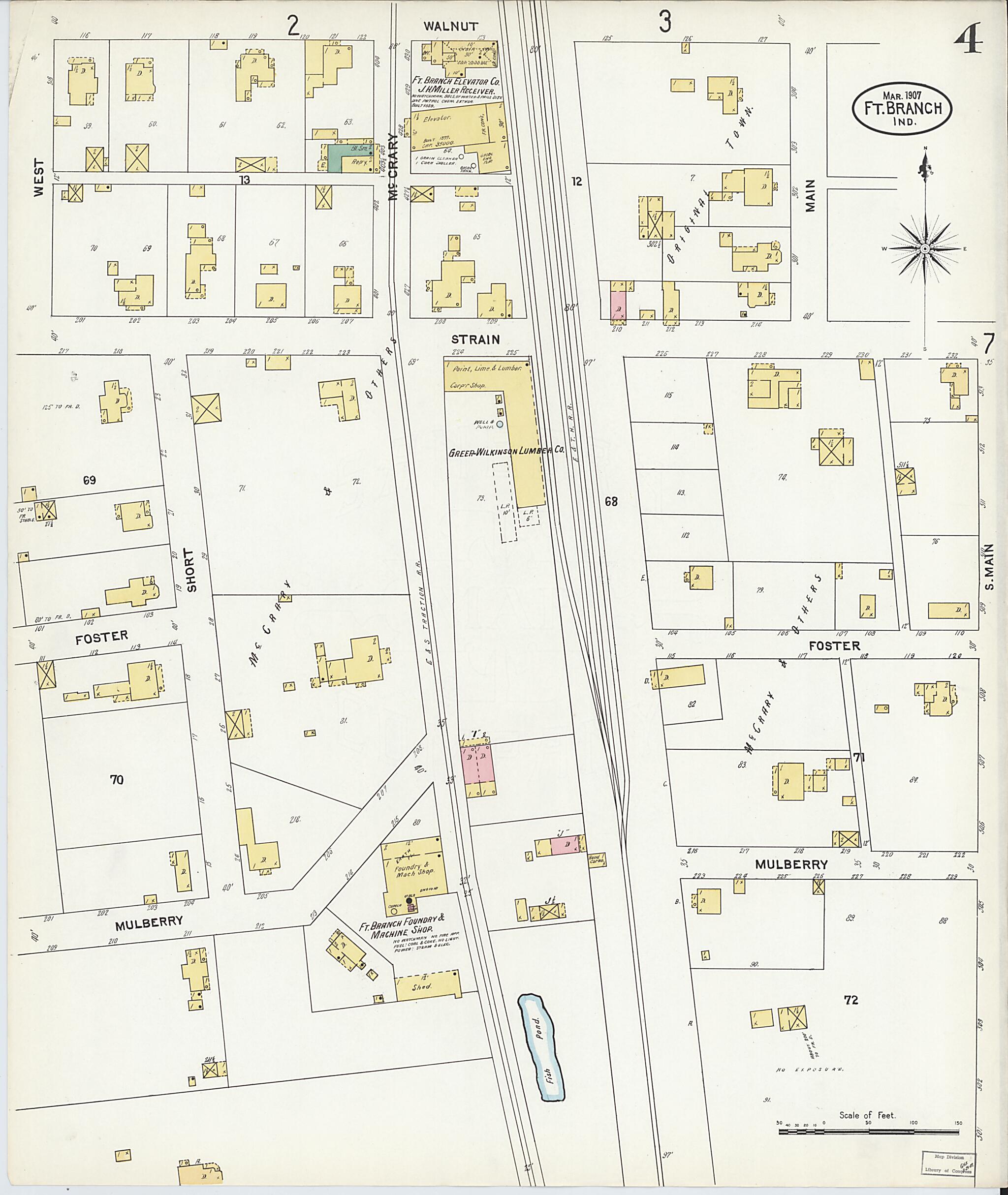 This old map of Fort Branch, Gibson County, Indiana was created by Sanborn Map Company in 1907