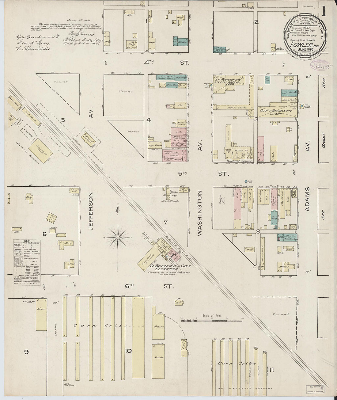 This old map of Fowler, Benton County, Indiana was created by Sanborn Map Company in 1886