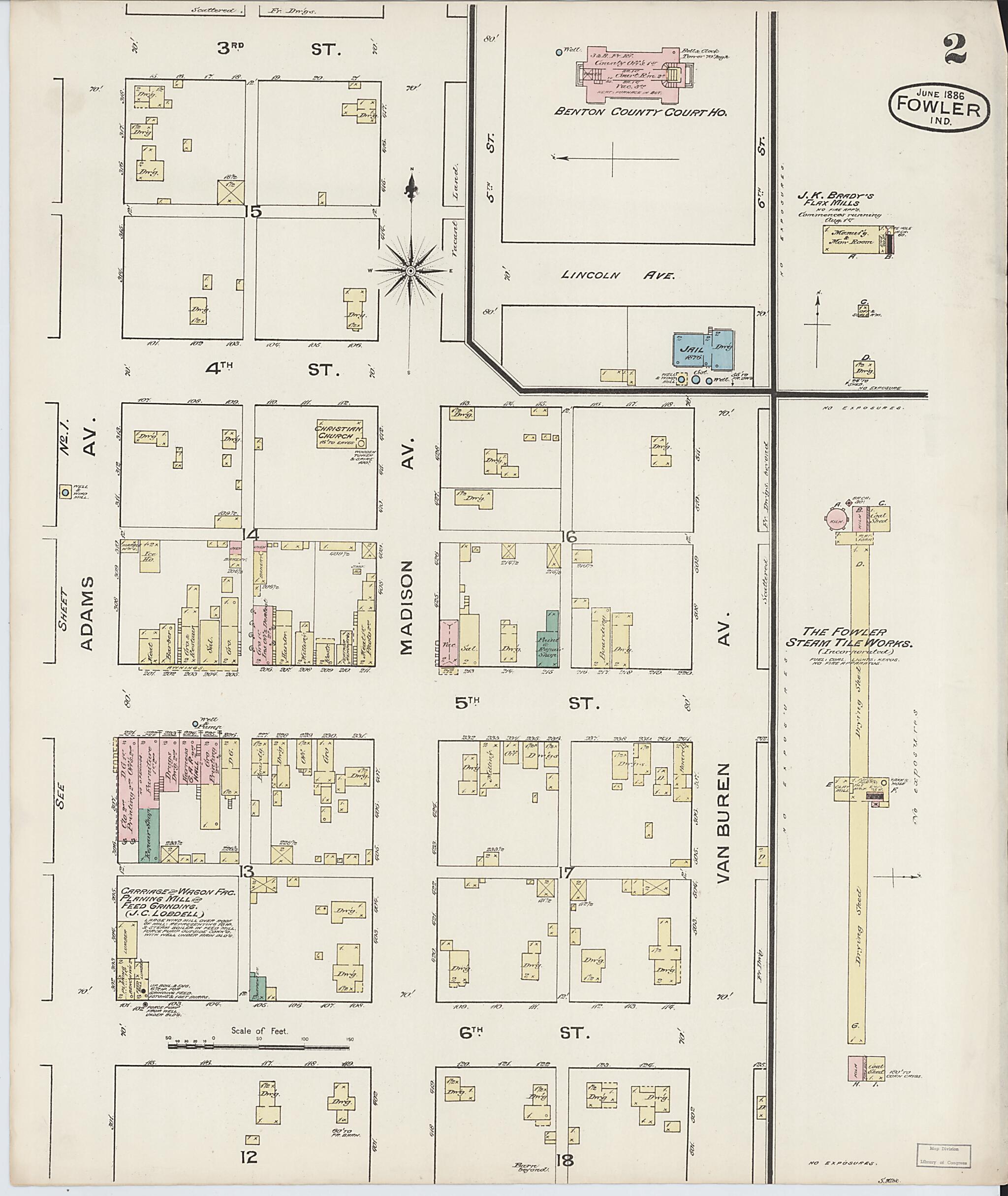 This old map of Fowler, Benton County, Indiana was created by Sanborn Map Company in 1886