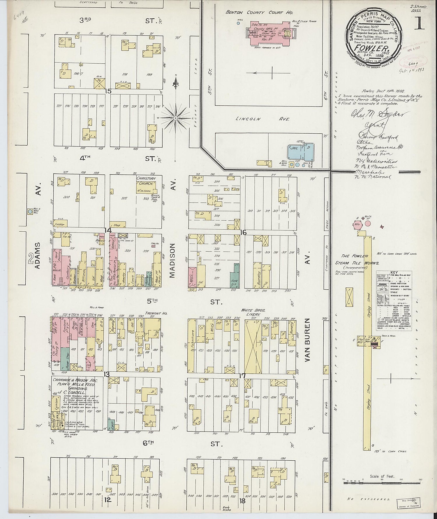 This old map of Fowler, Benton County, Indiana was created by Sanborn Map Company in 1892