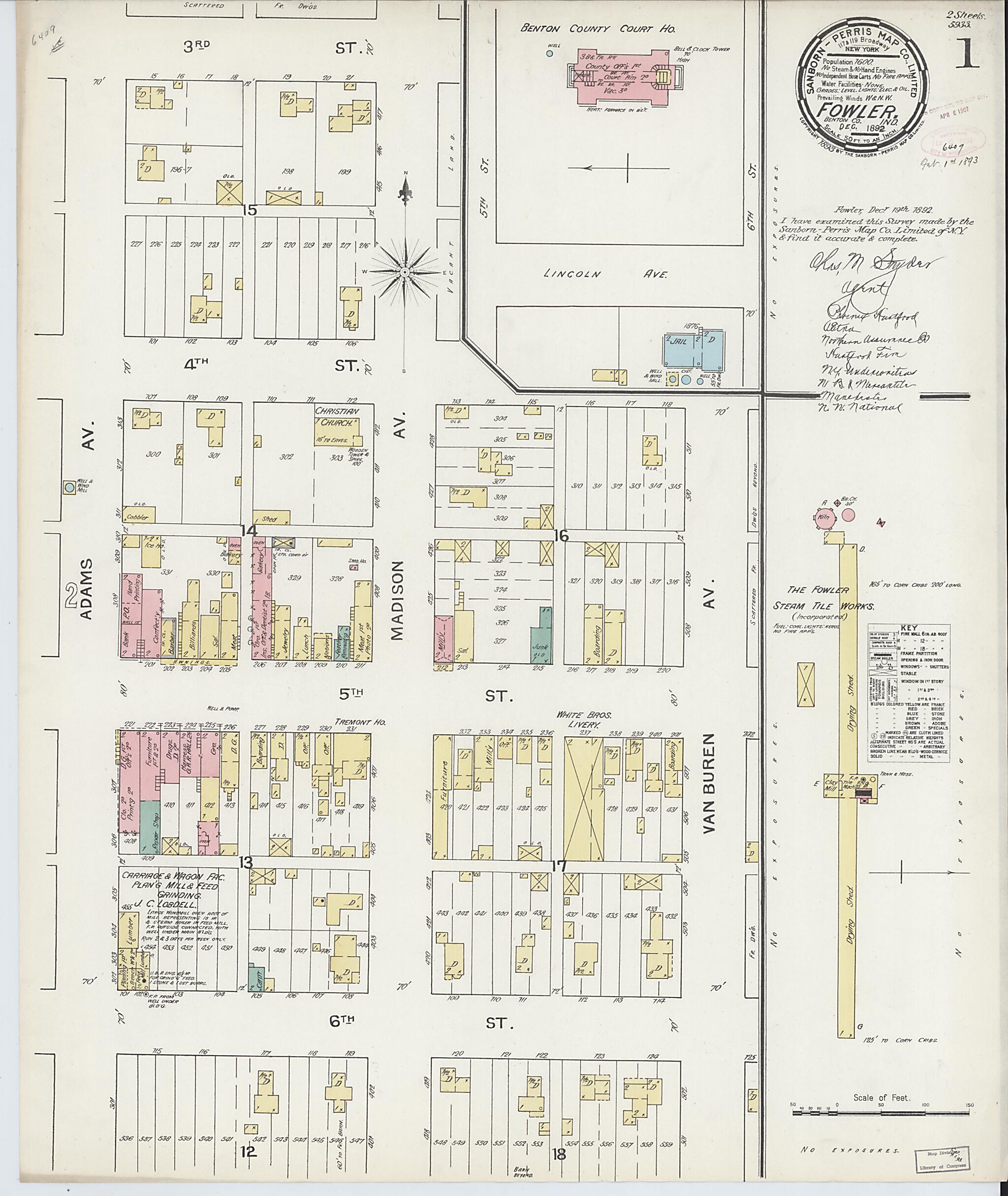 This old map of Fowler, Benton County, Indiana was created by Sanborn Map Company in 1892