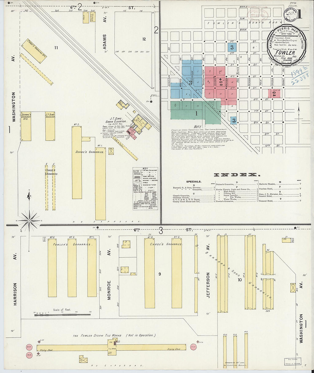 This old map of Fowler, Benton County, Indiana was created by Sanborn Map Company in 1899