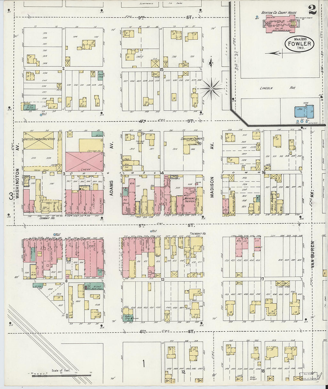 This old map of Fowler, Benton County, Indiana was created by Sanborn Map Company in 1899