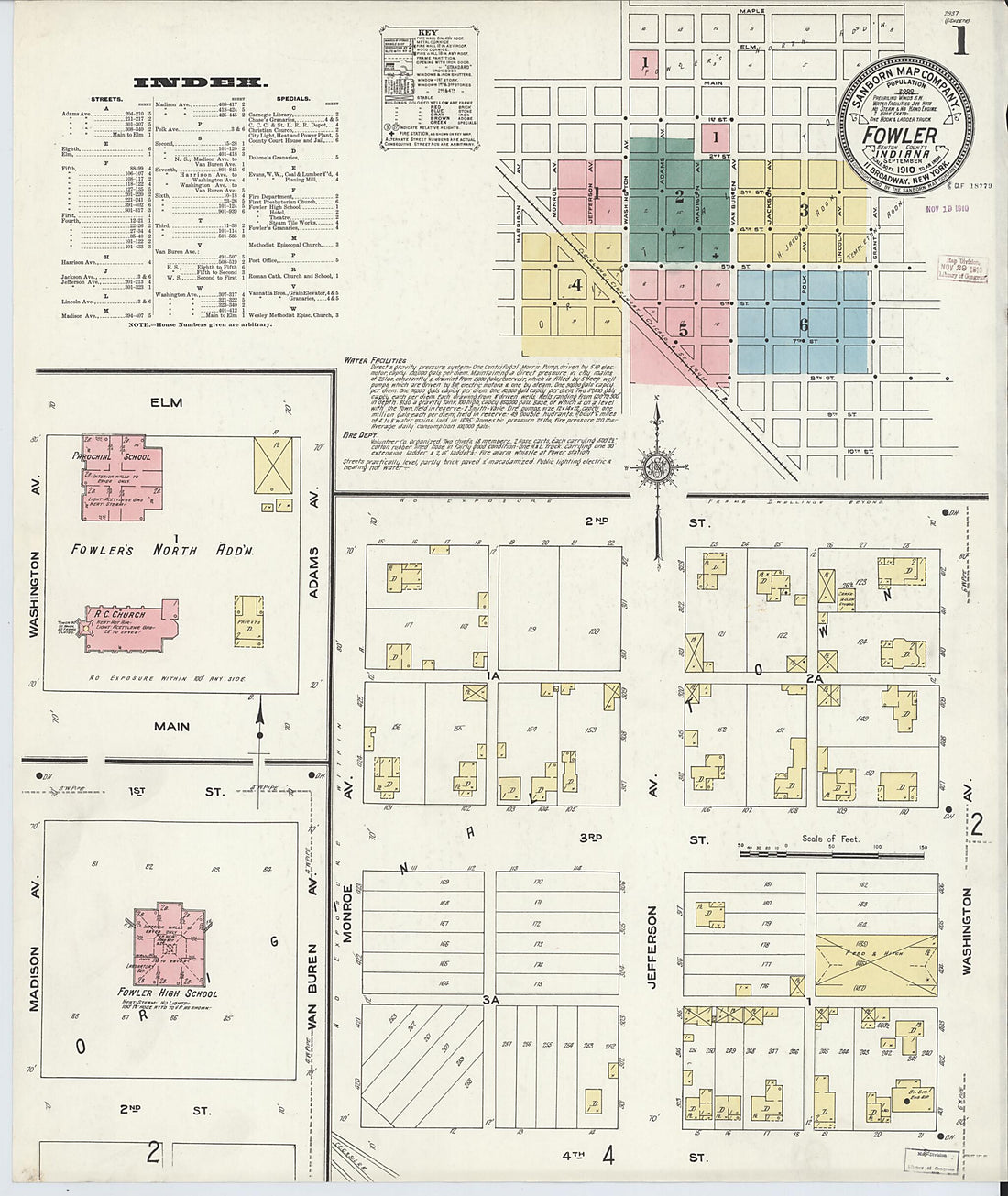 This old map of Fowler, Benton County, Indiana was created by Sanborn Map Company in 1910