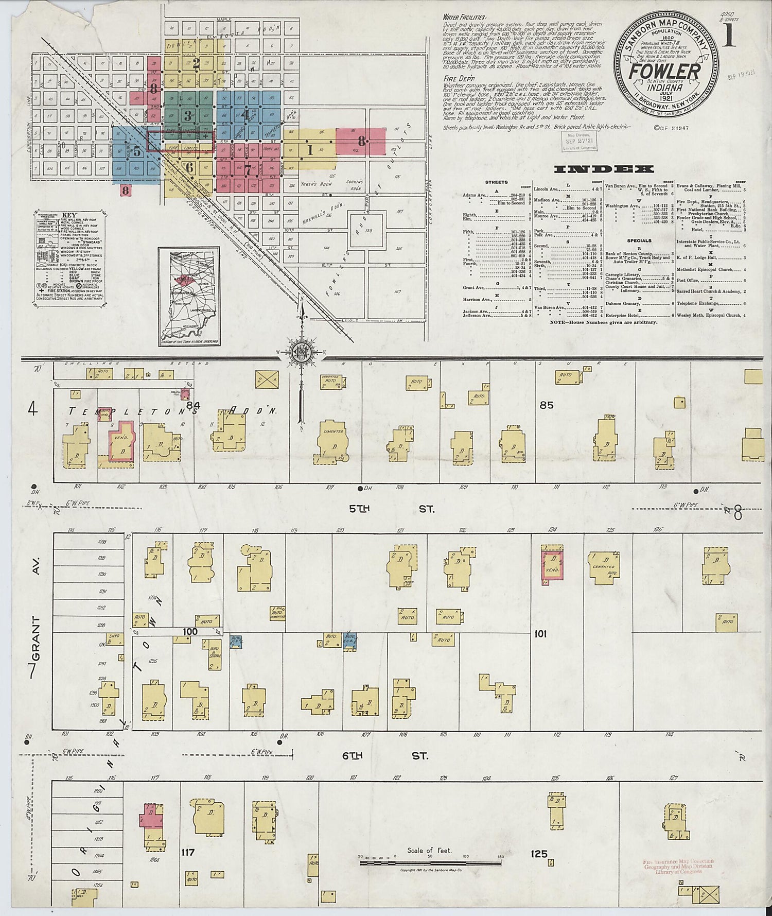 This old map of Fowler, Benton County, Indiana was created by Sanborn Map Company in 1921