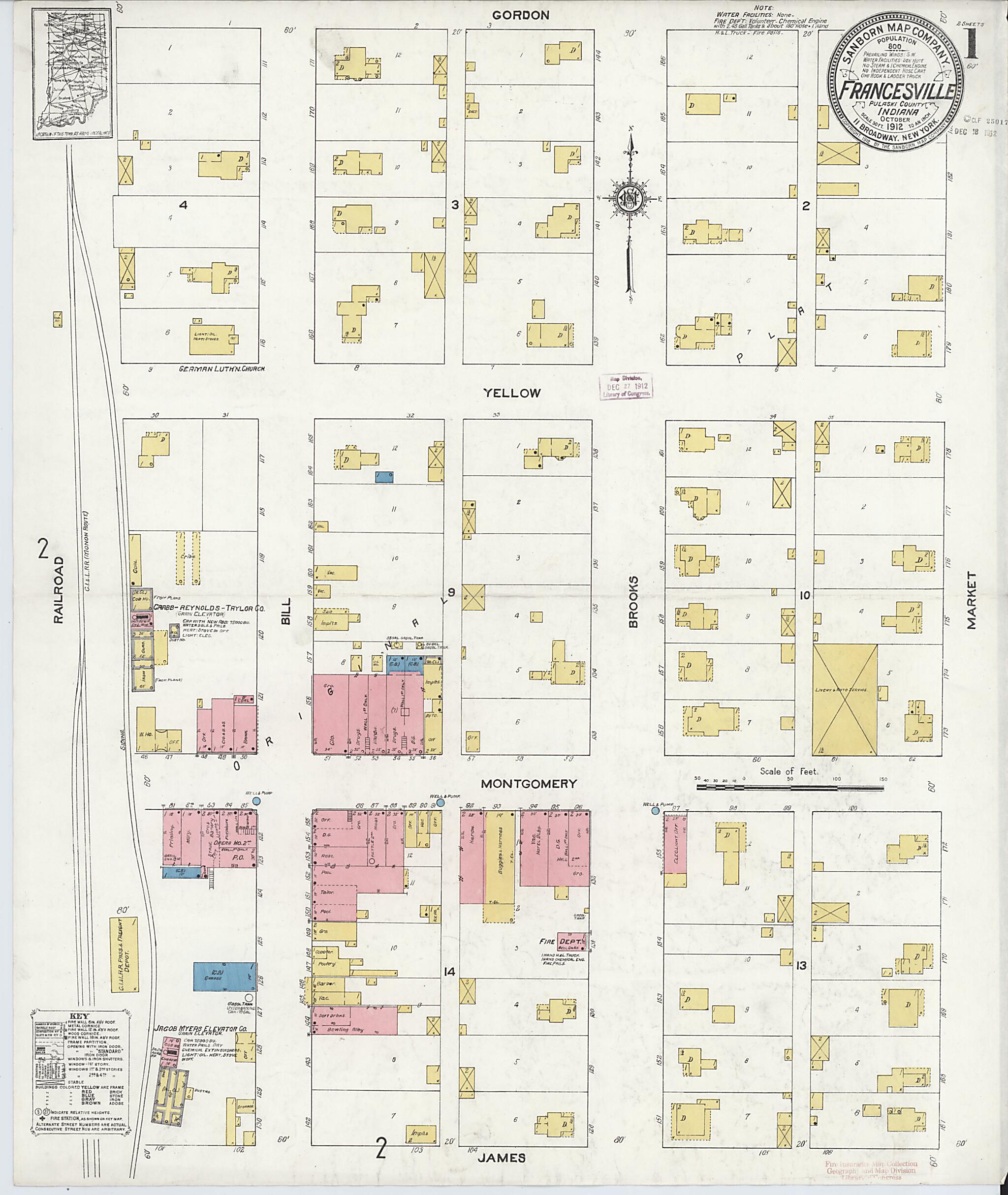 This old map of Francesville, Pulaski County, Indiana was created by Sanborn Map Company in 1912