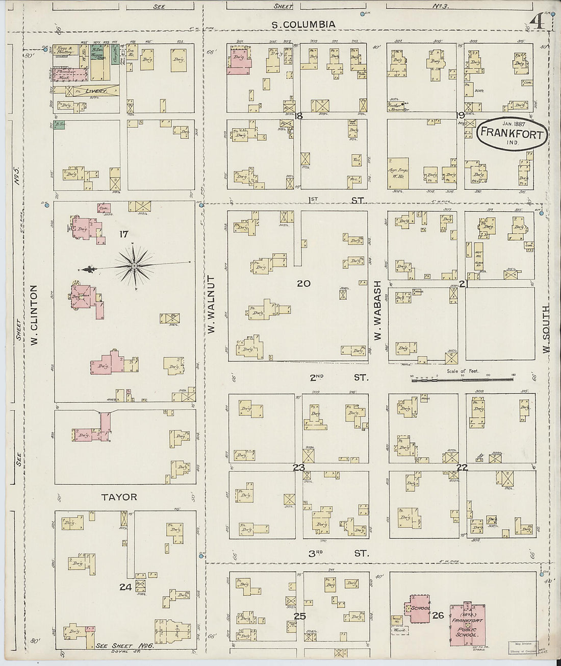 This old map of Frankfort, Clinton County, Indiana was created by Sanborn Map Company in 1887