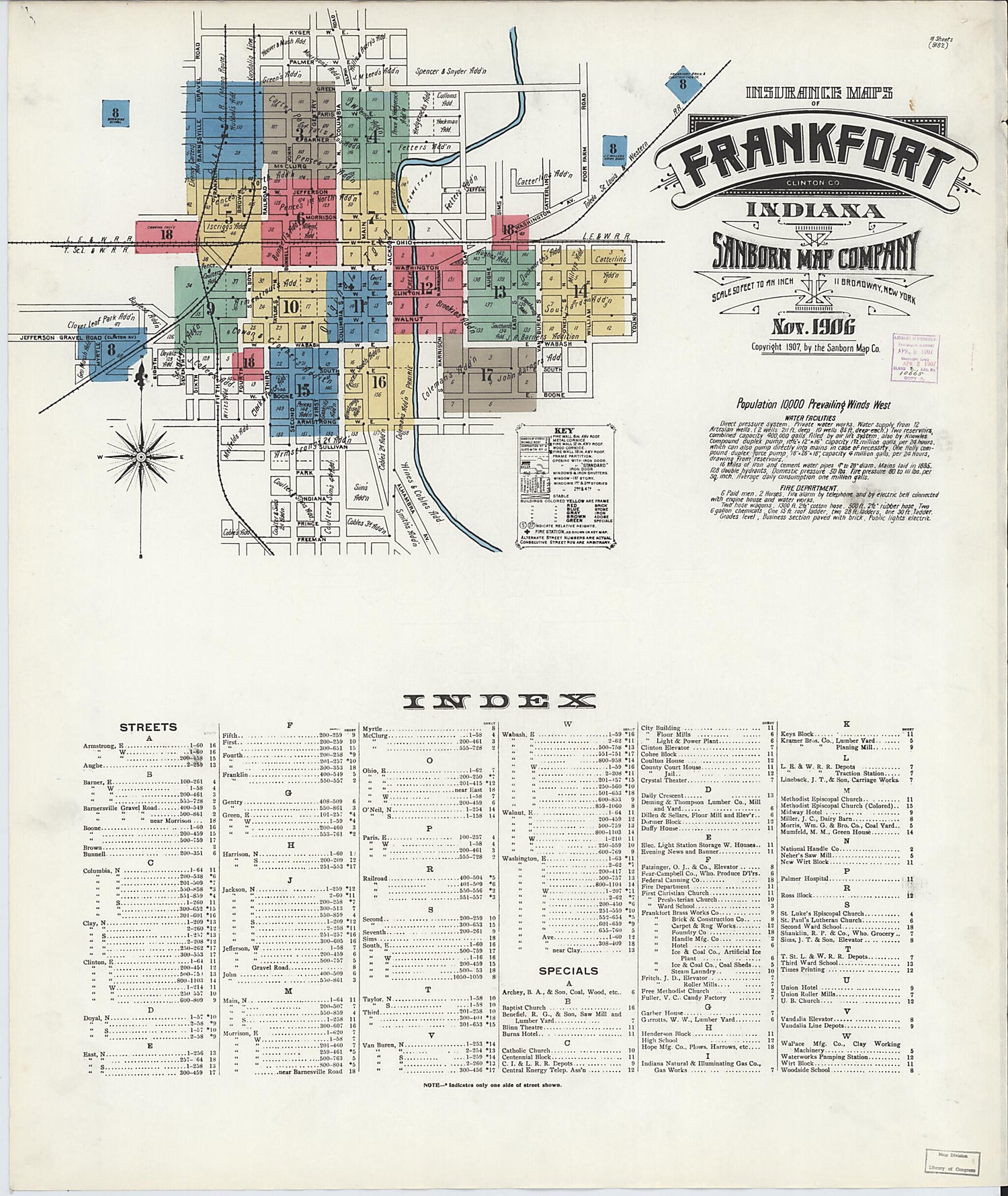 This old map of Frankfort, Clinton County, Indiana was created by Sanborn Map Company in 1906