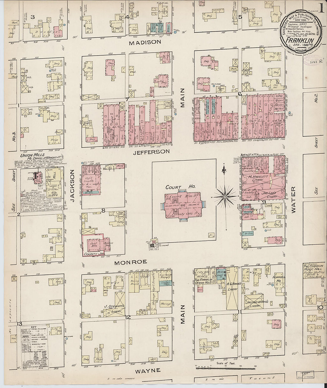 This old map of Franklin, Johnson County, Indiana was created by Sanborn Map Company in 1886