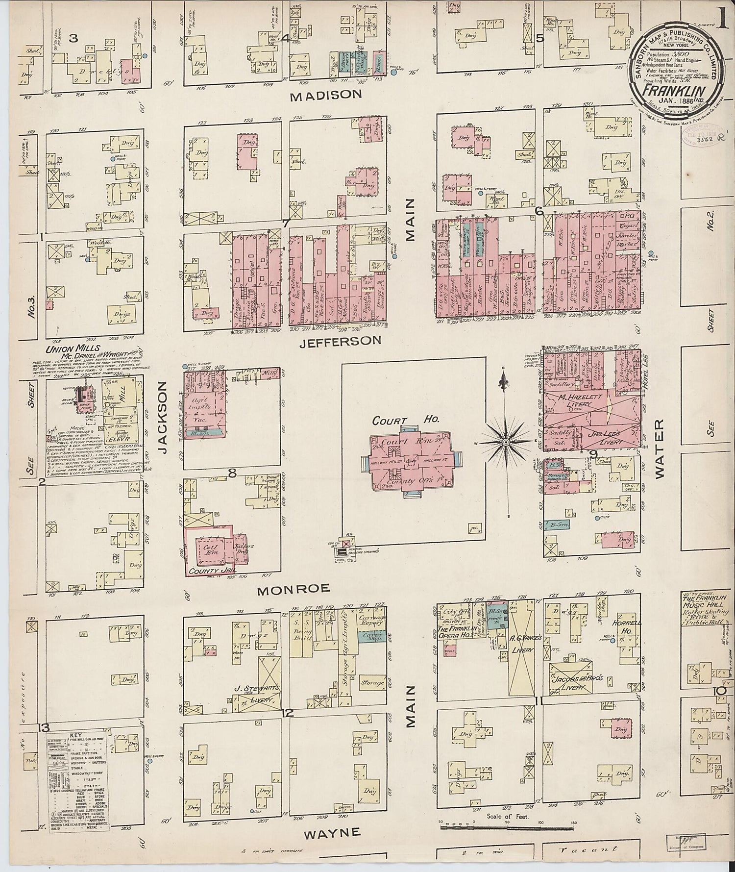 This old map of Franklin, Johnson County, Indiana was created by Sanborn Map Company in 1886