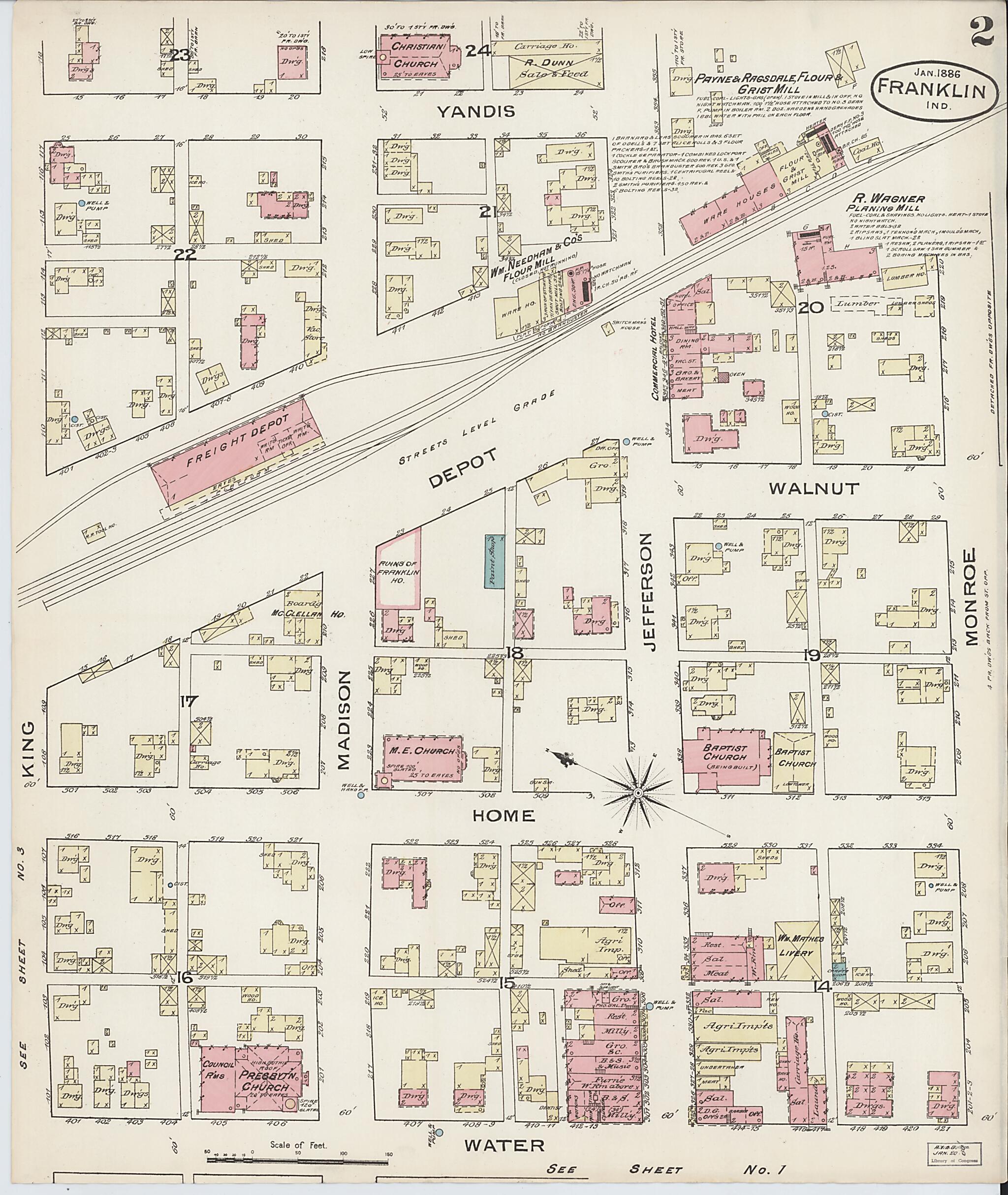 This old map of Franklin, Johnson County, Indiana was created by Sanborn Map Company in 1886