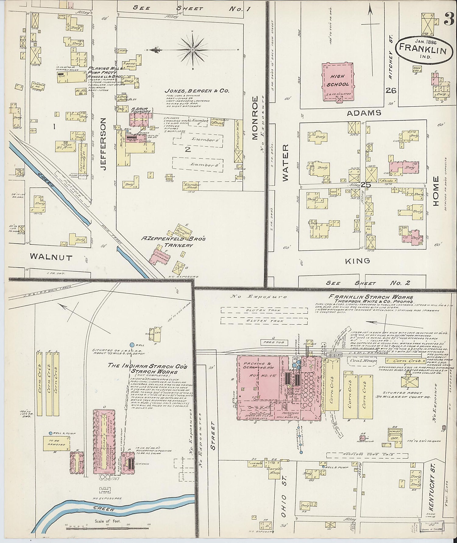 This old map of Franklin, Johnson County, Indiana was created by Sanborn Map Company in 1886