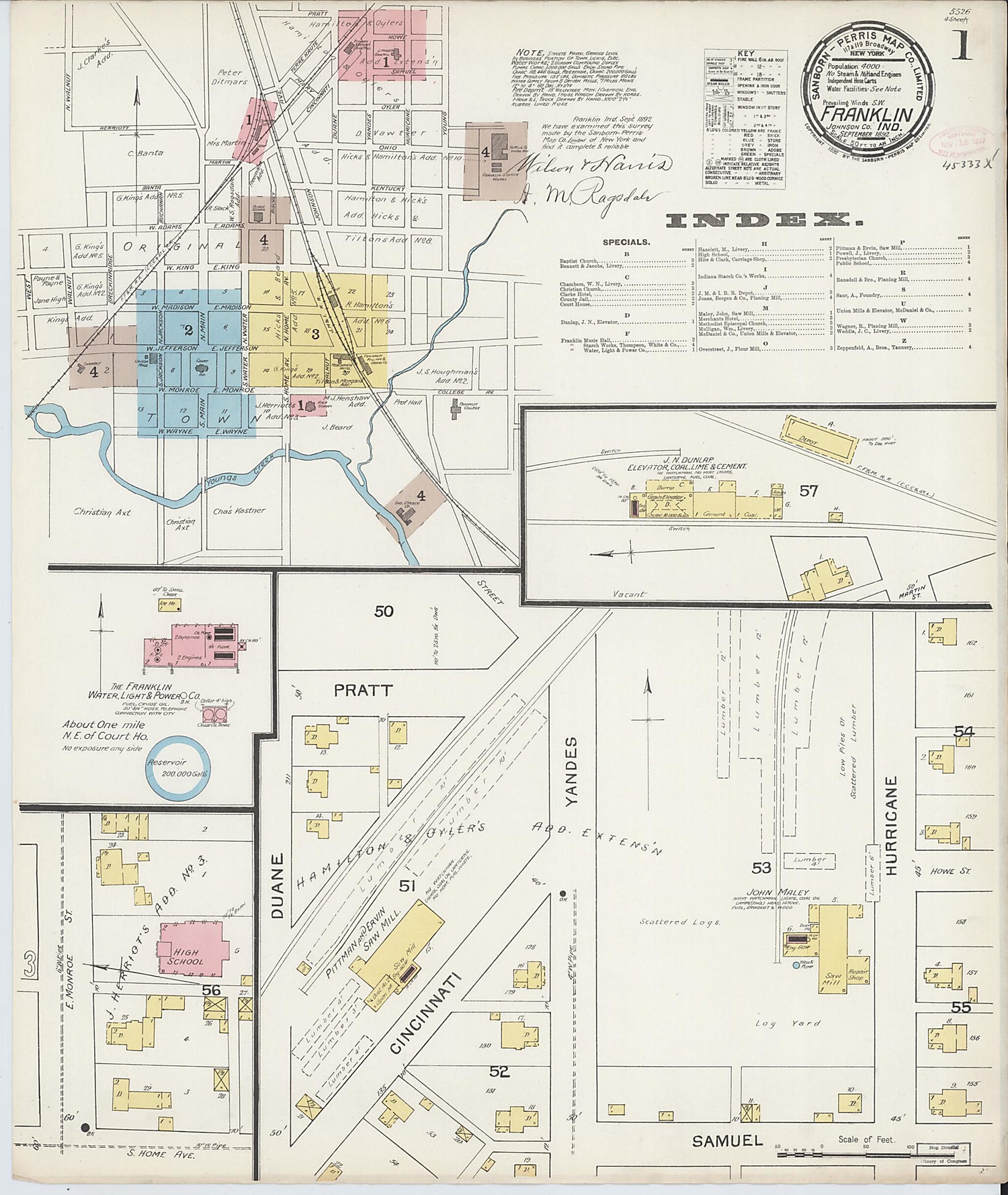 This old map of Franklin, Johnson County, Indiana was created by Sanborn Map Company in 1892