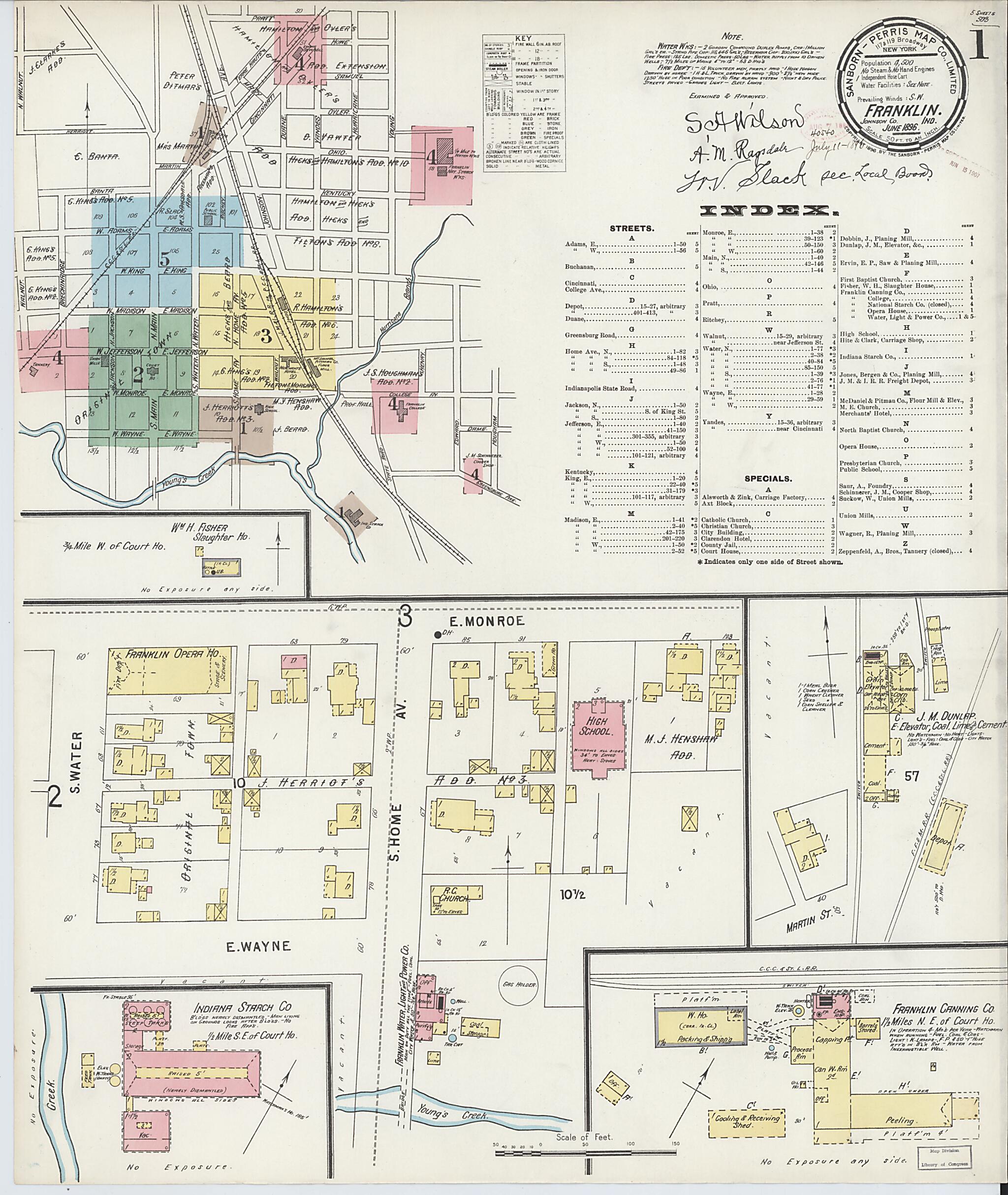 This old map of Franklin, Johnson County, Indiana was created by Sanborn Map Company in 1896