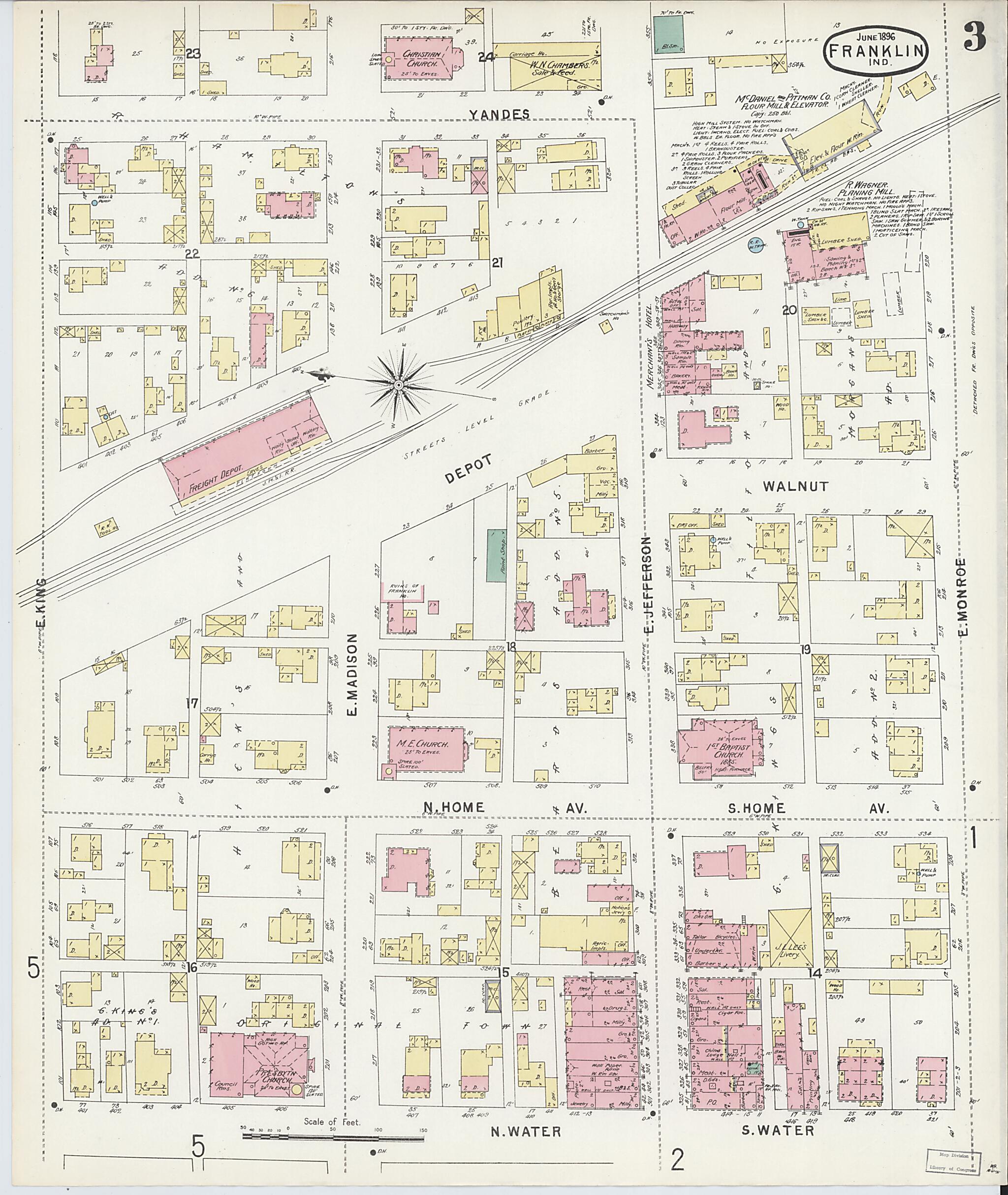 This old map of Franklin, Johnson County, Indiana was created by Sanborn Map Company in 1896