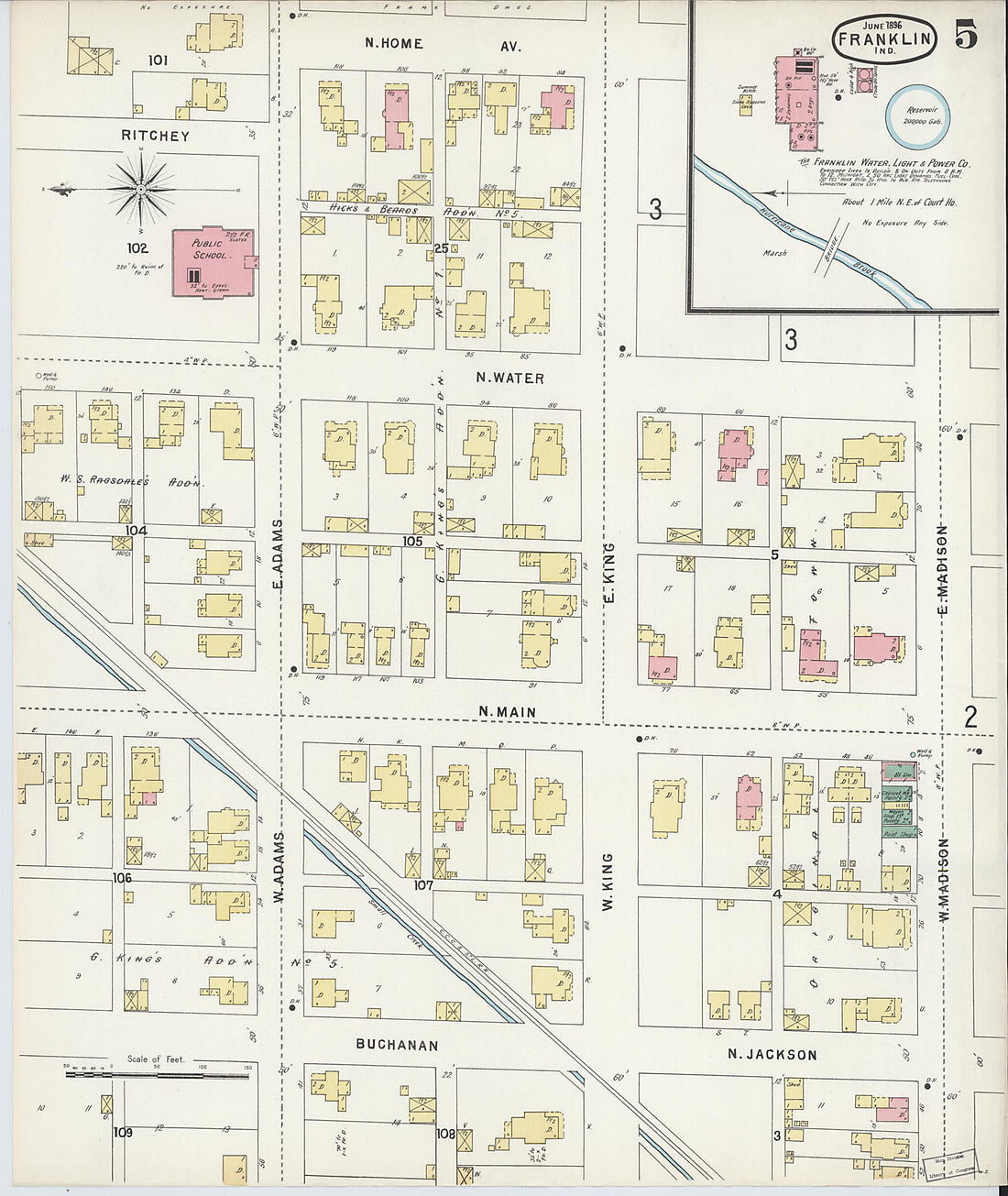 This old map of Franklin, Johnson County, Indiana was created by Sanborn Map Company in 1896