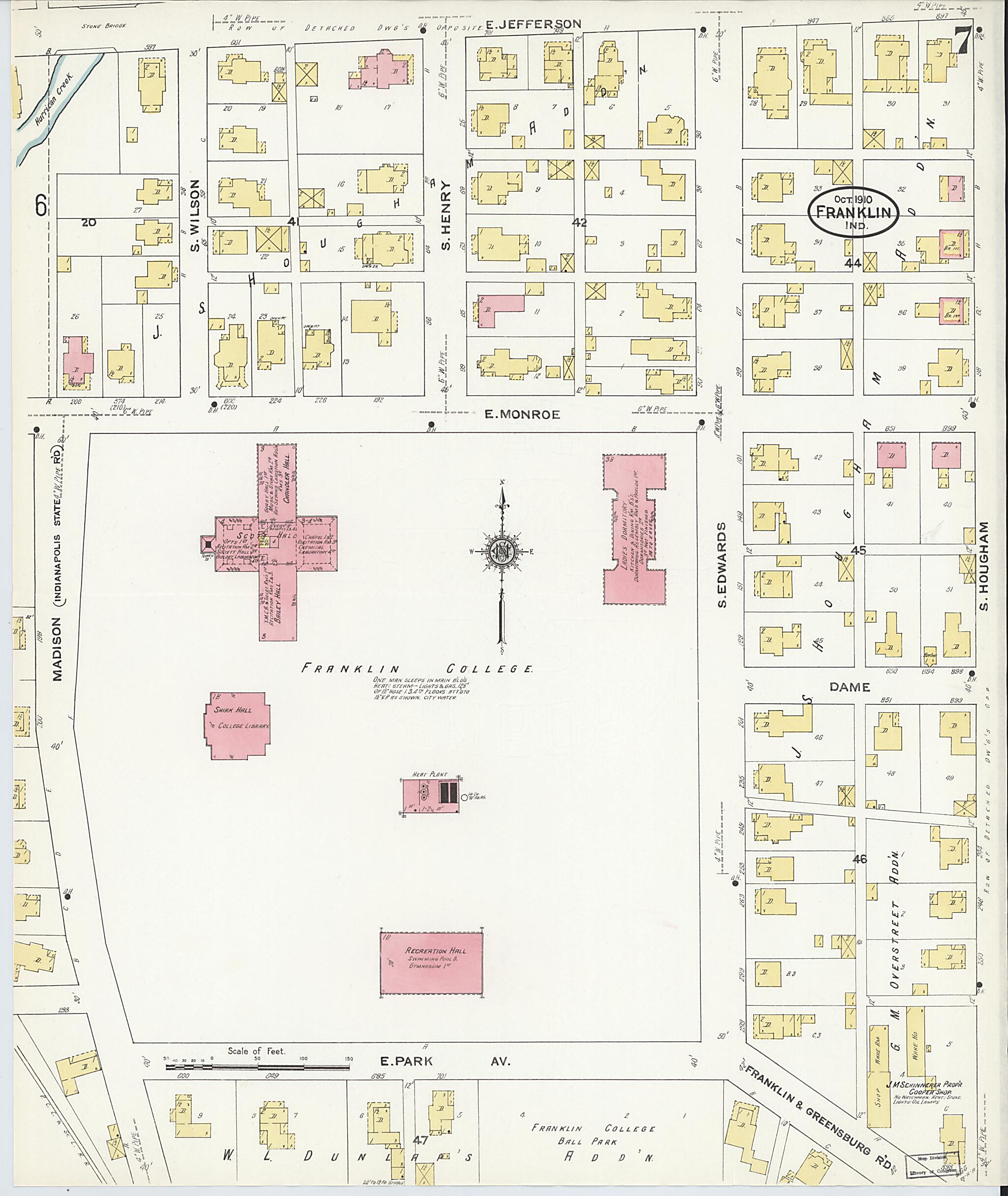 This old map of Franklin, Johnson County, Indiana was created by Sanborn Map Company in 1910