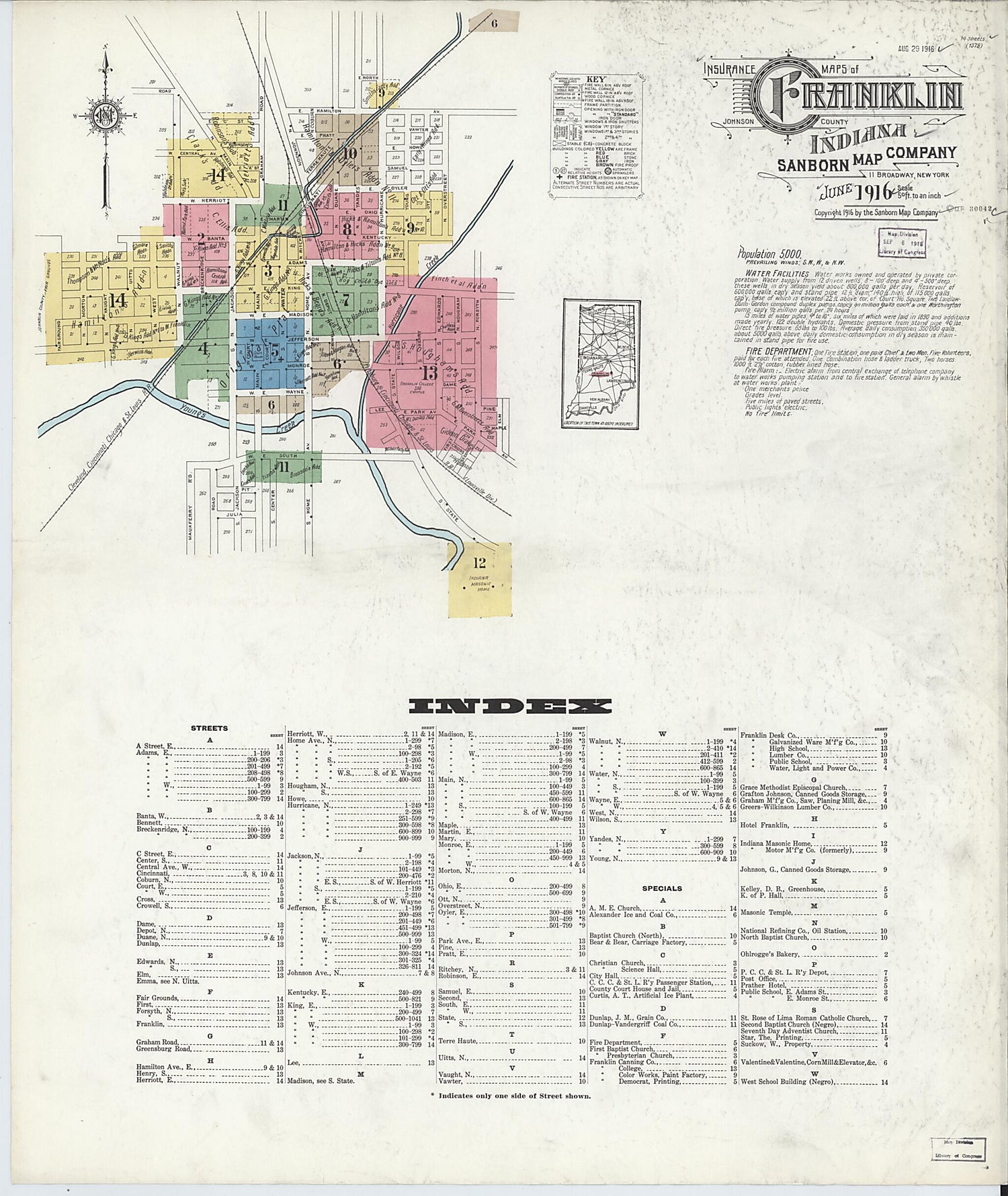 This old map of Franklin, Johnson County, Indiana was created by Sanborn Map Company in 1916