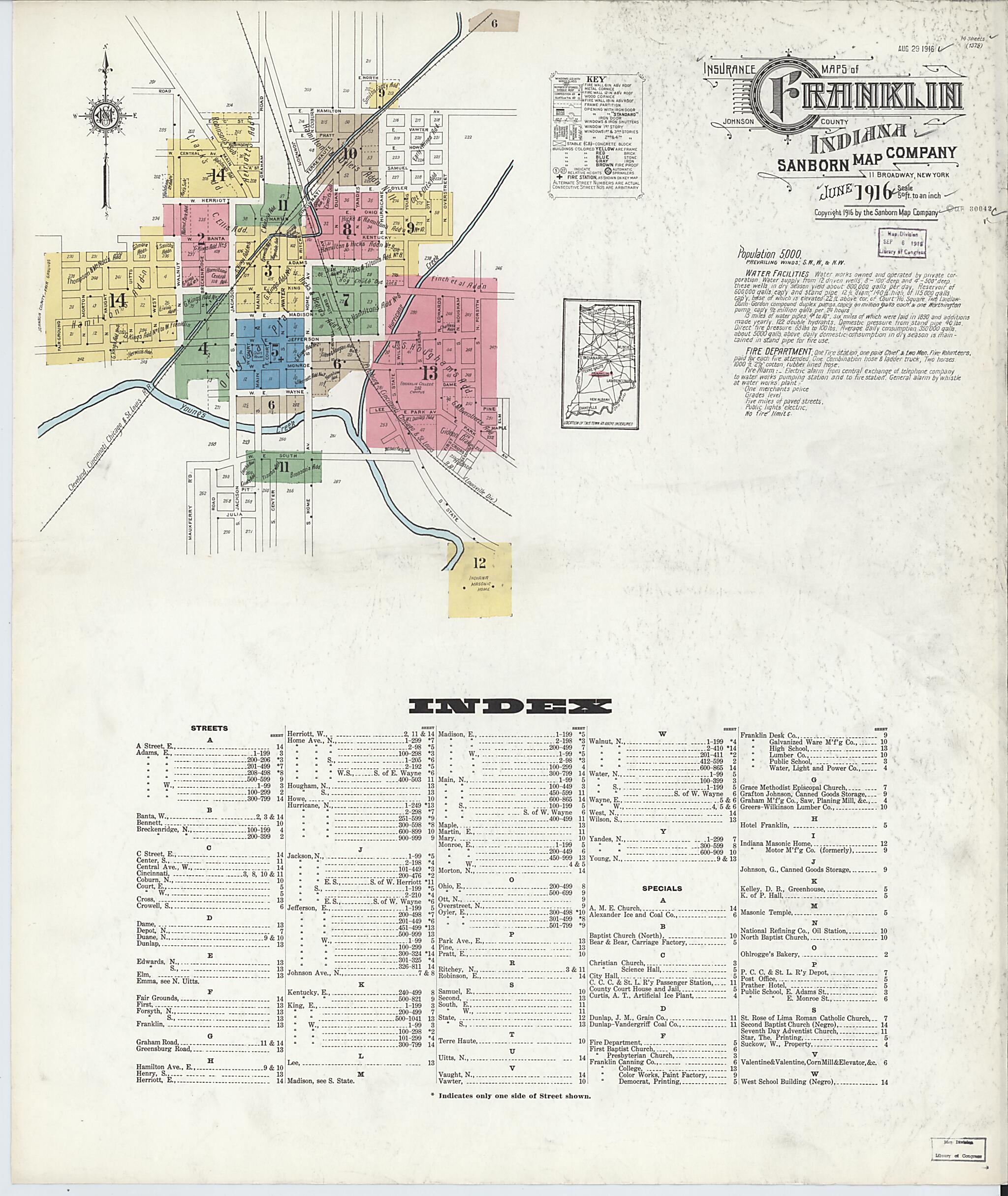 This old map of Franklin, Johnson County, Indiana was created by Sanborn Map Company in 1916