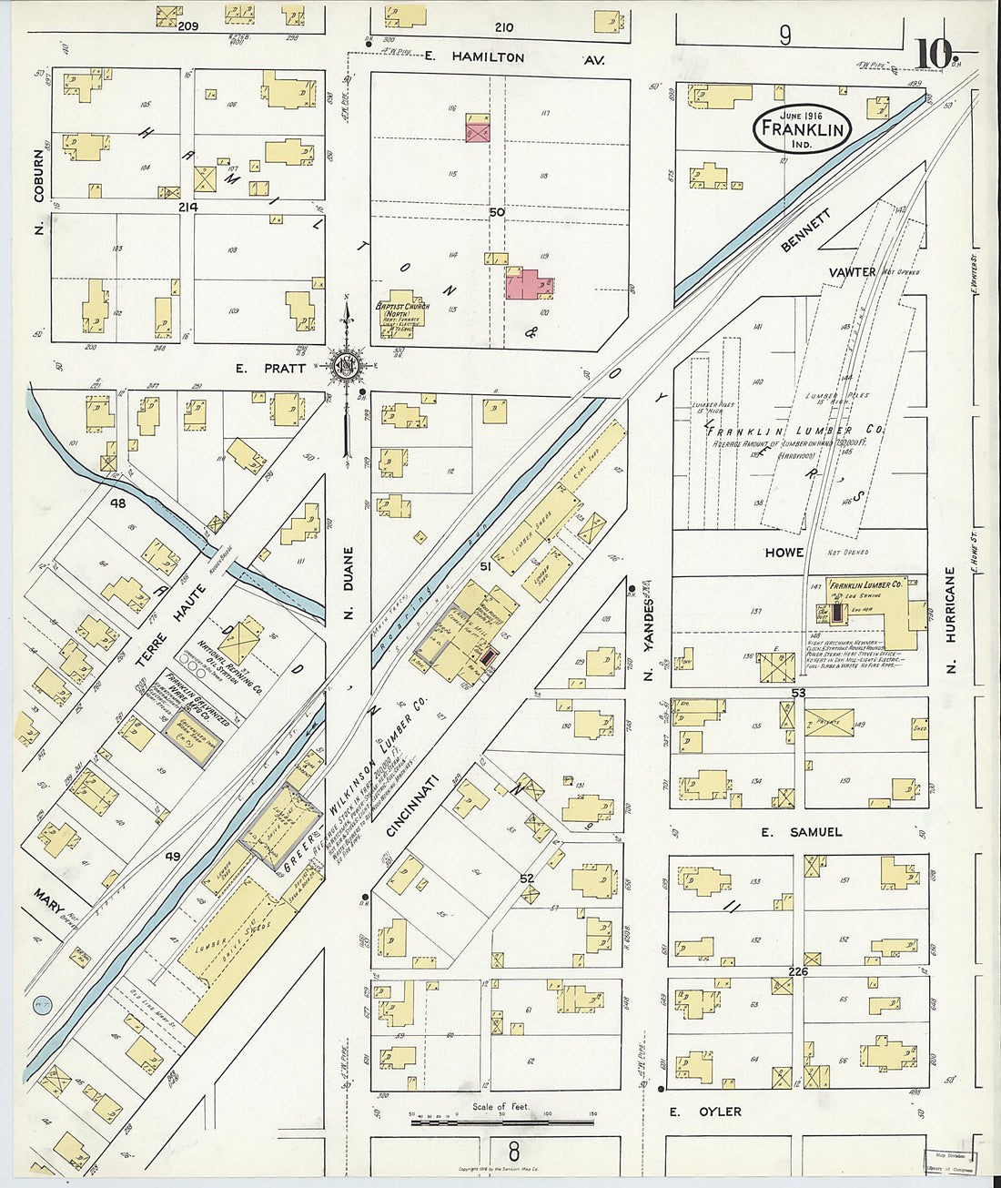 This old map of Franklin, Johnson County, Indiana was created by Sanborn Map Company in 1916