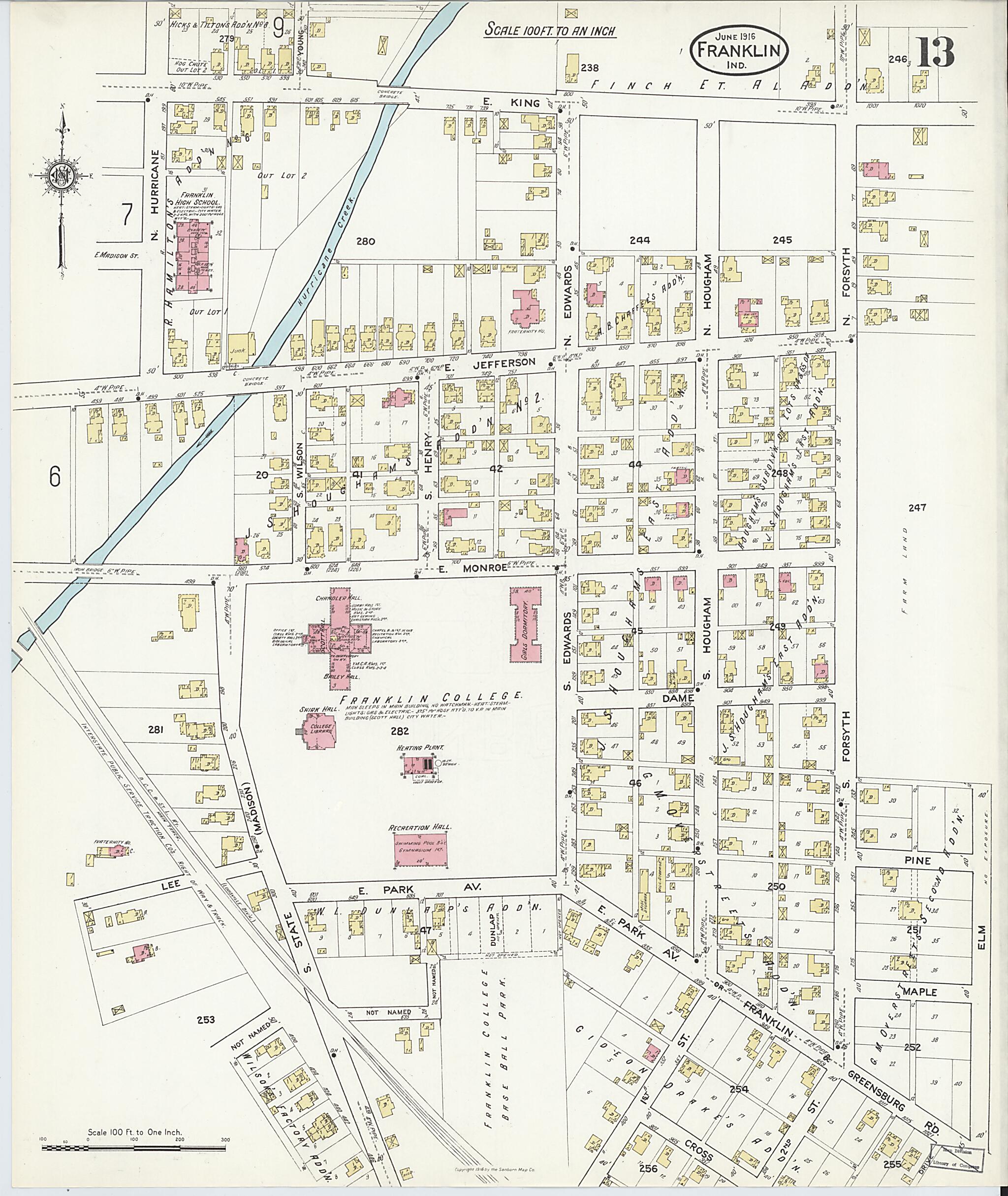 This old map of Franklin, Johnson County, Indiana was created by Sanborn Map Company in 1916