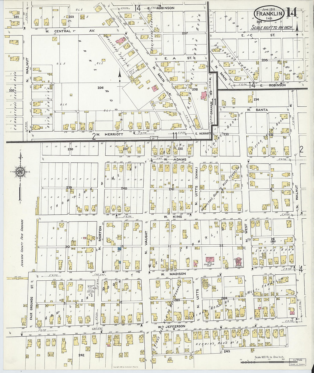 This old map of Franklin, Johnson County, Indiana was created by Sanborn Map Company in 1916