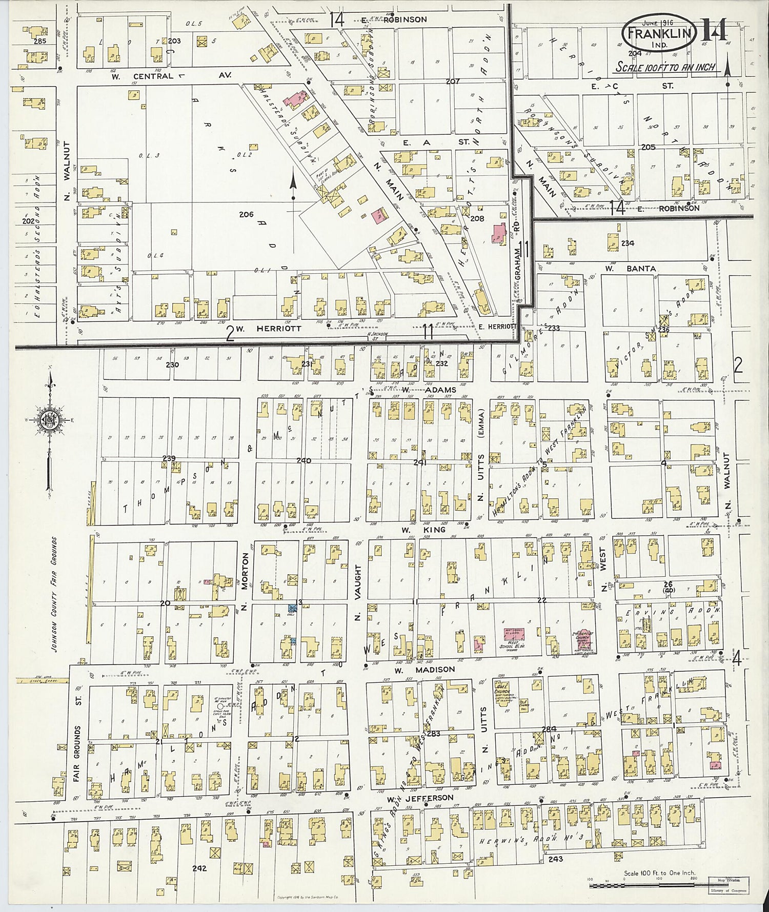 This old map of Franklin, Johnson County, Indiana was created by Sanborn Map Company in 1916