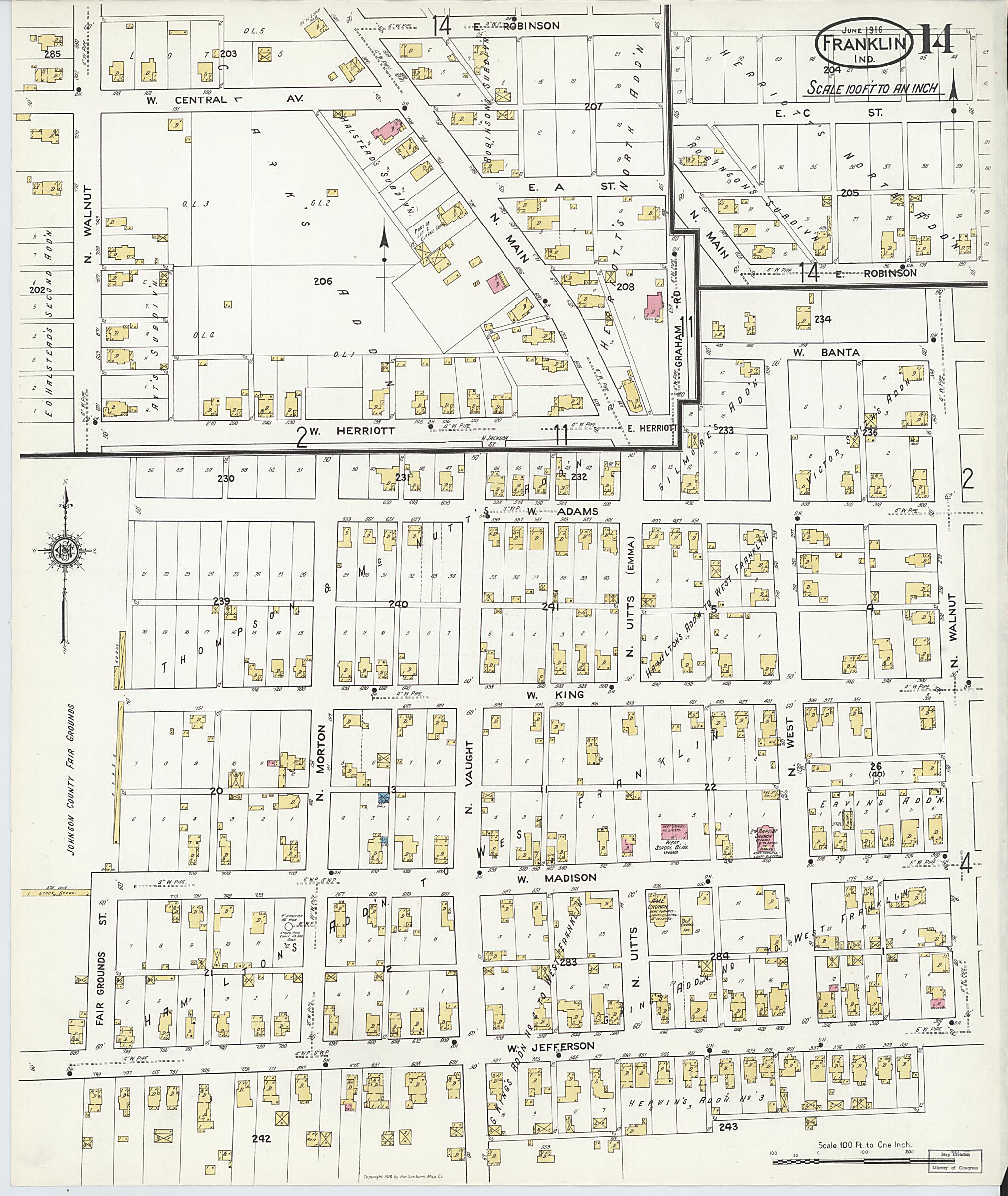 This old map of Franklin, Johnson County, Indiana was created by Sanborn Map Company in 1916