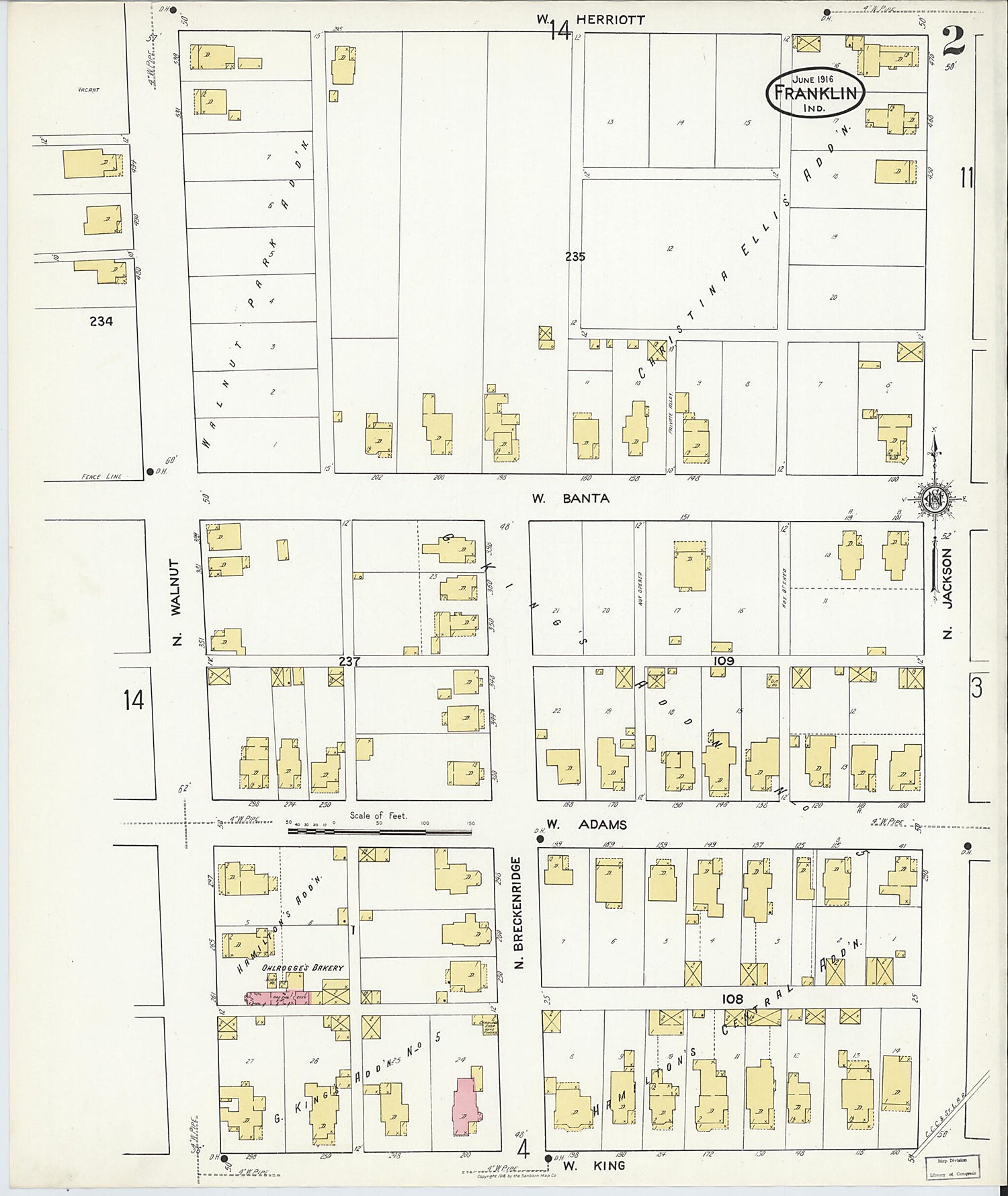 This old map of Franklin, Johnson County, Indiana was created by Sanborn Map Company in 1916