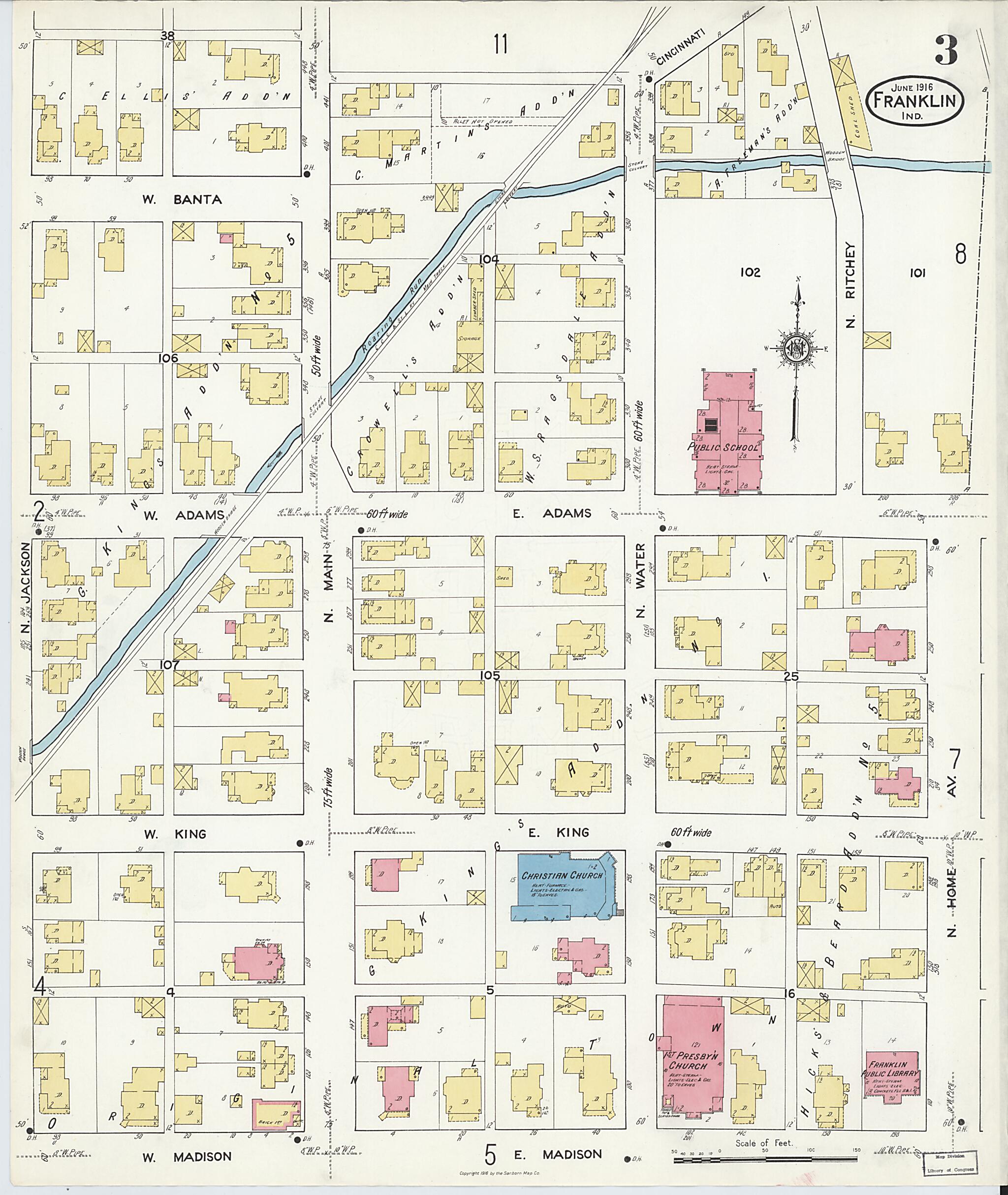 This old map of Franklin, Johnson County, Indiana was created by Sanborn Map Company in 1916