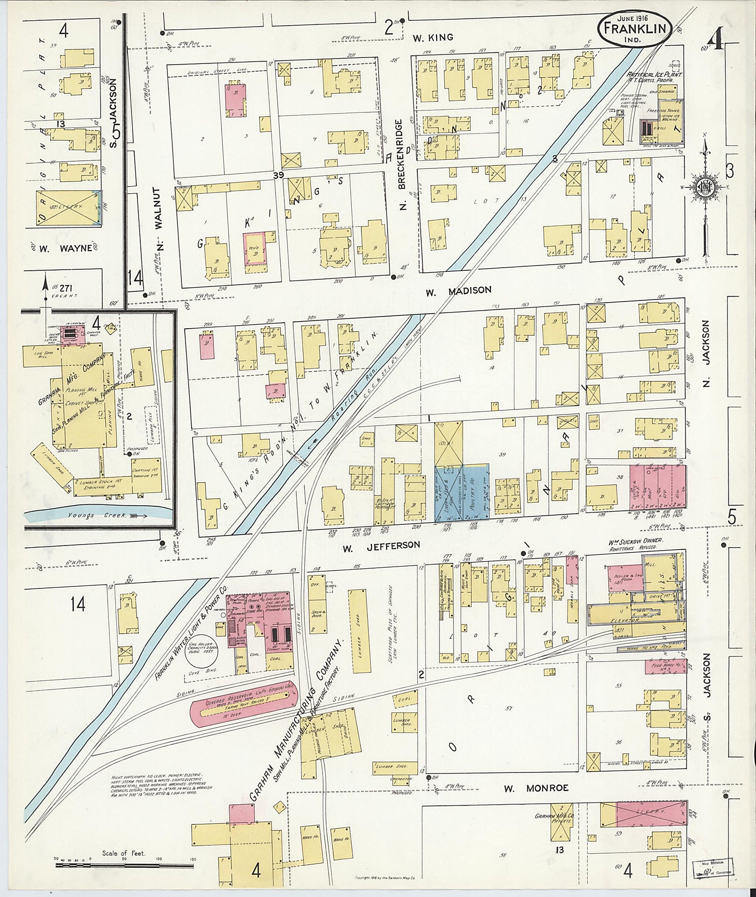 This old map of Franklin, Johnson County, Indiana was created by Sanborn Map Company in 1916