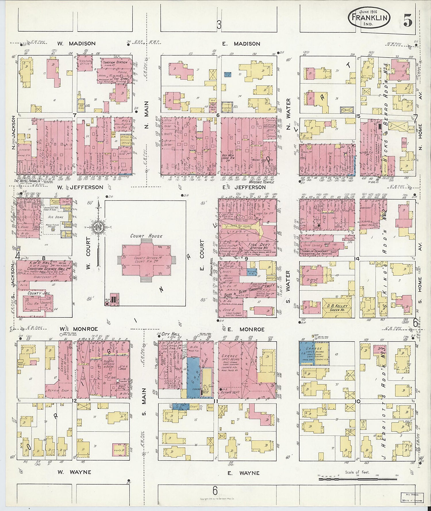 This old map of Franklin, Johnson County, Indiana was created by Sanborn Map Company in 1916