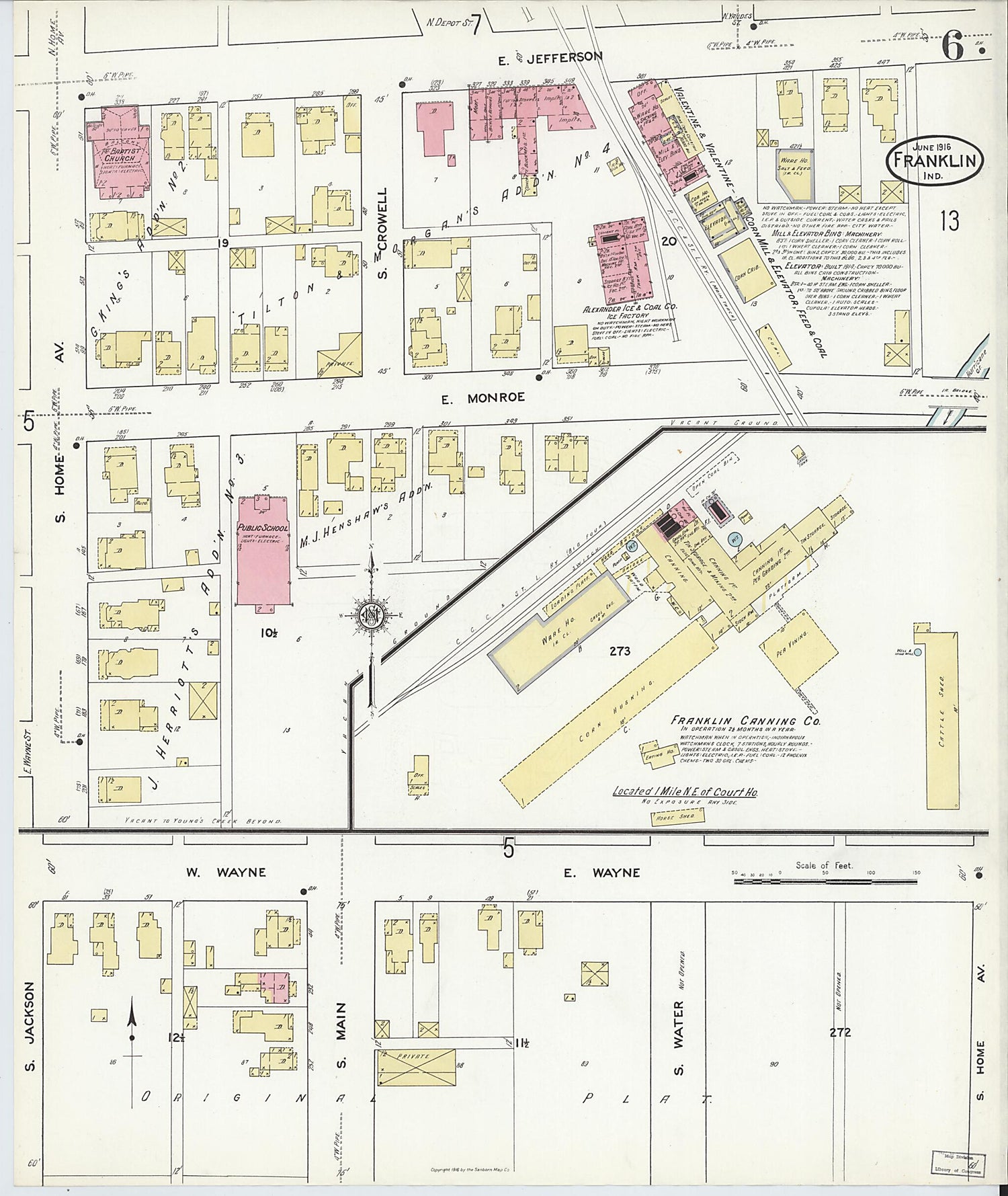 This old map of Franklin, Johnson County, Indiana was created by Sanborn Map Company in 1916