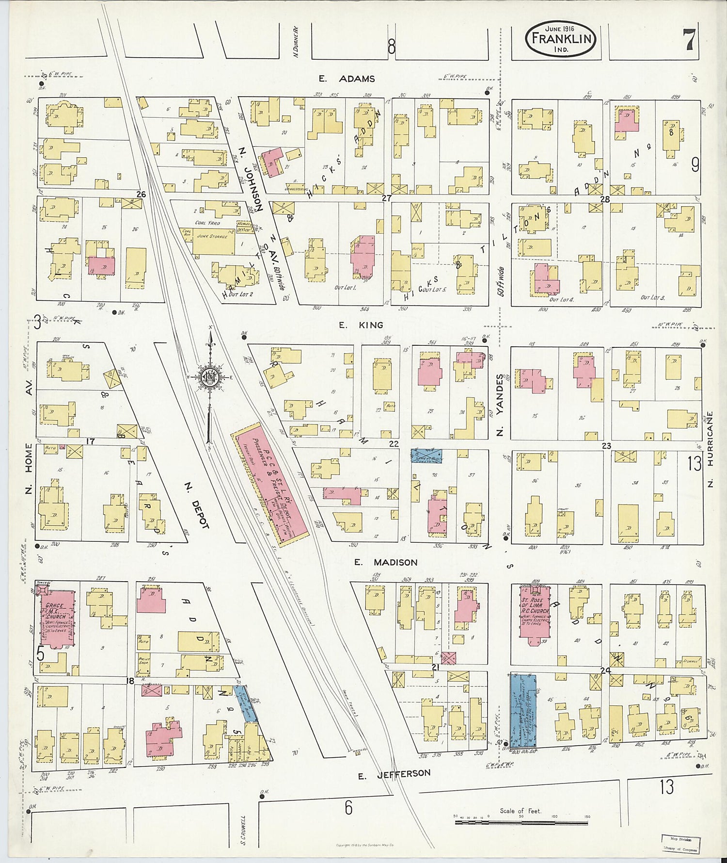 This old map of Franklin, Johnson County, Indiana was created by Sanborn Map Company in 1916