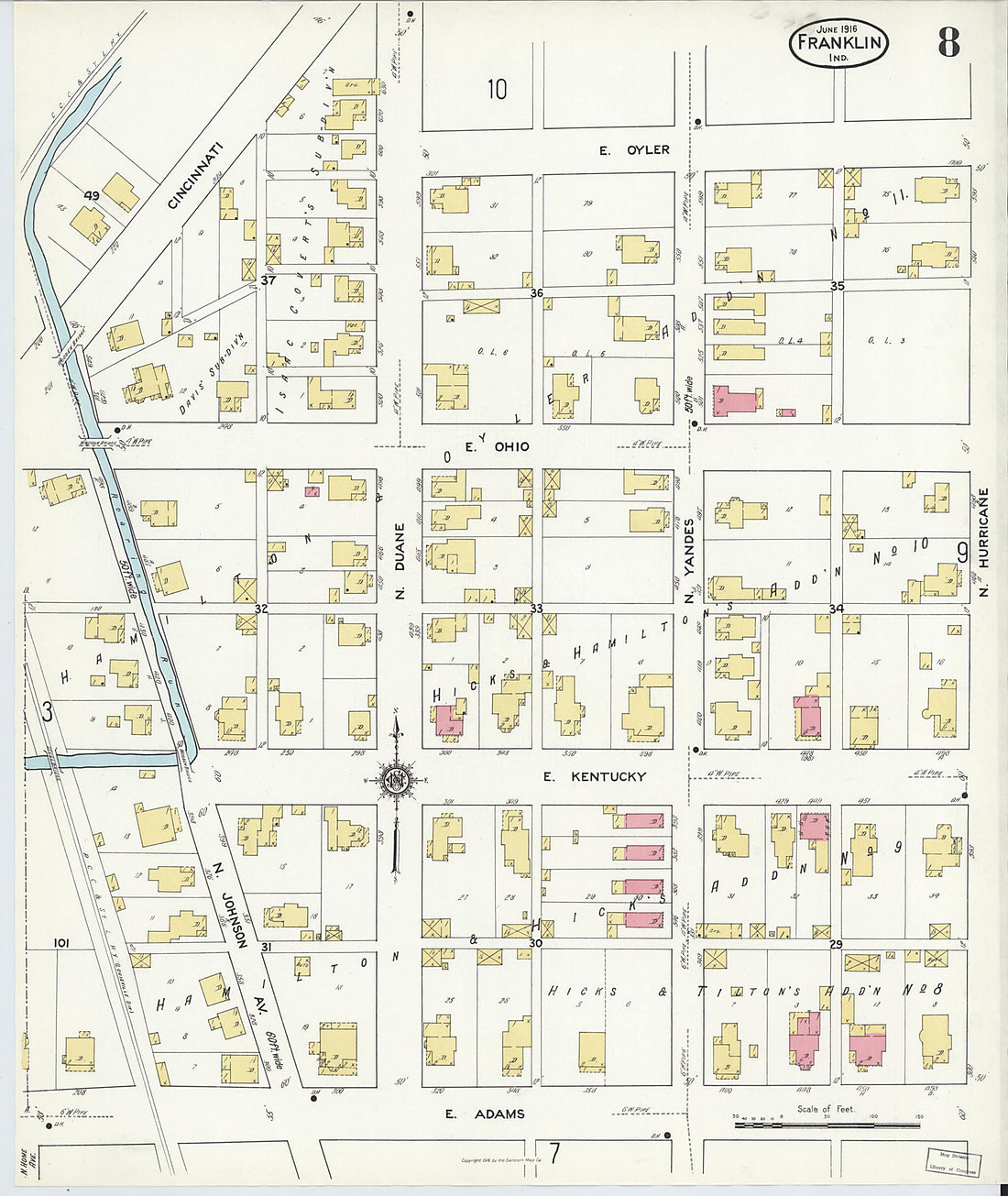 This old map of Franklin, Johnson County, Indiana was created by Sanborn Map Company in 1916