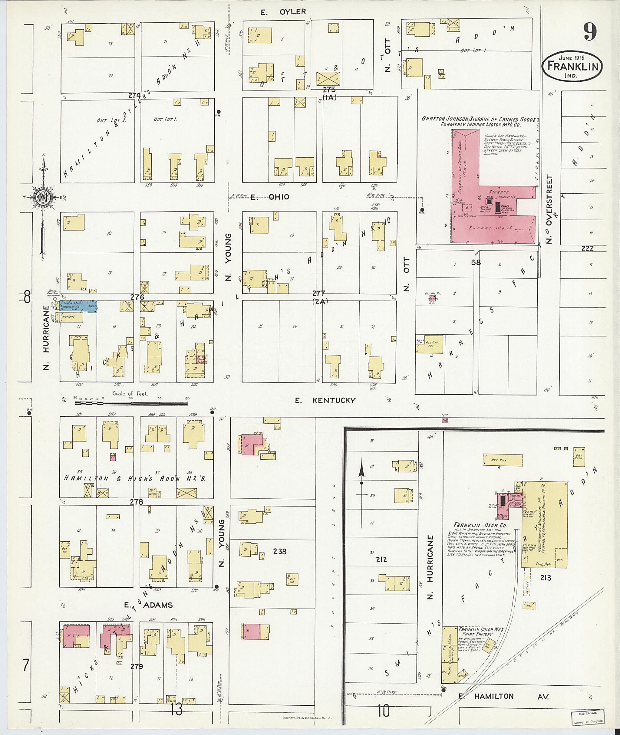 This old map of Franklin, Johnson County, Indiana was created by Sanborn Map Company in 1916